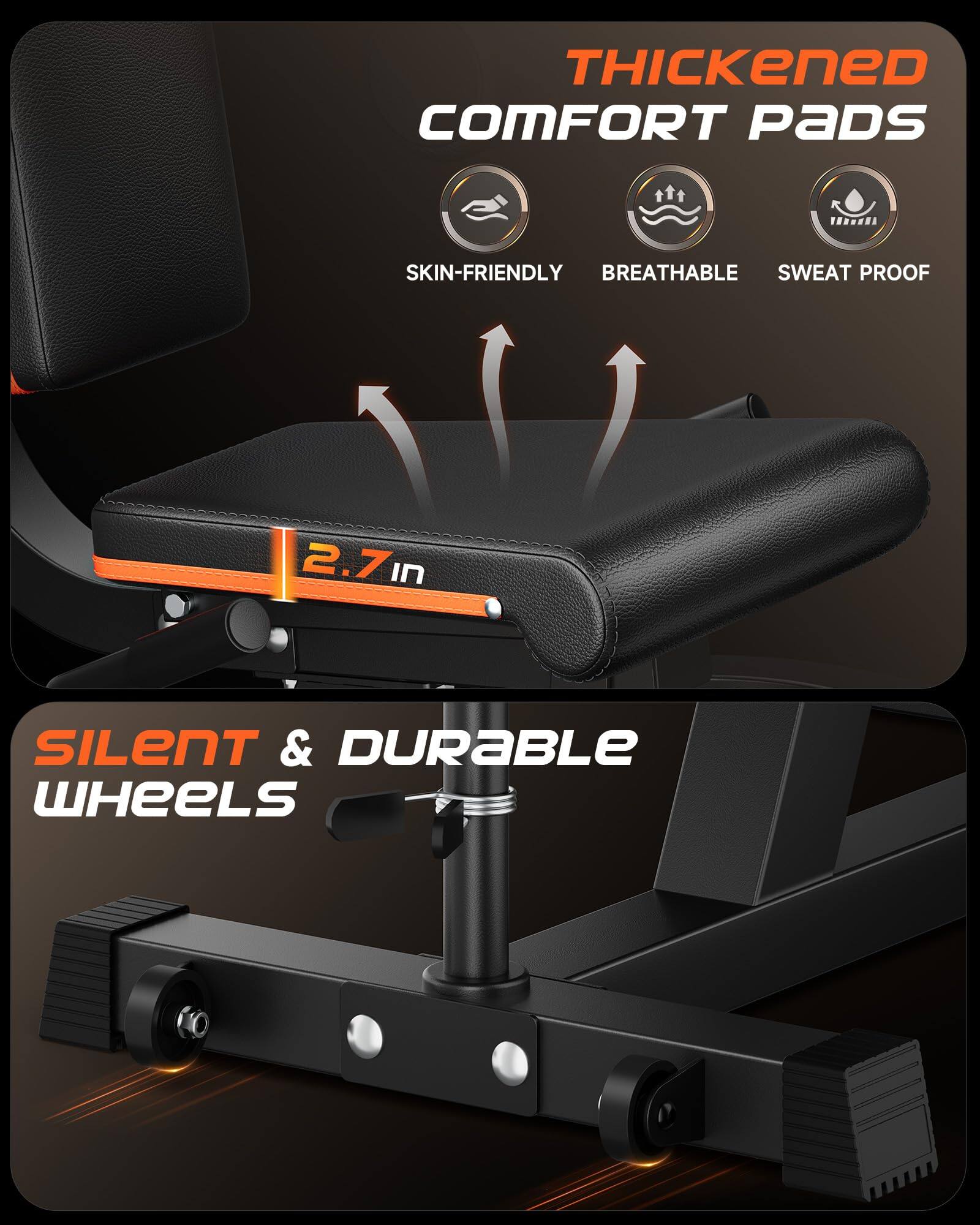 Thickened Comfort Pads  
Skin-Friendly, Breathable, Sweat Proof  
2.7 in  
Silent & Durable Wheels