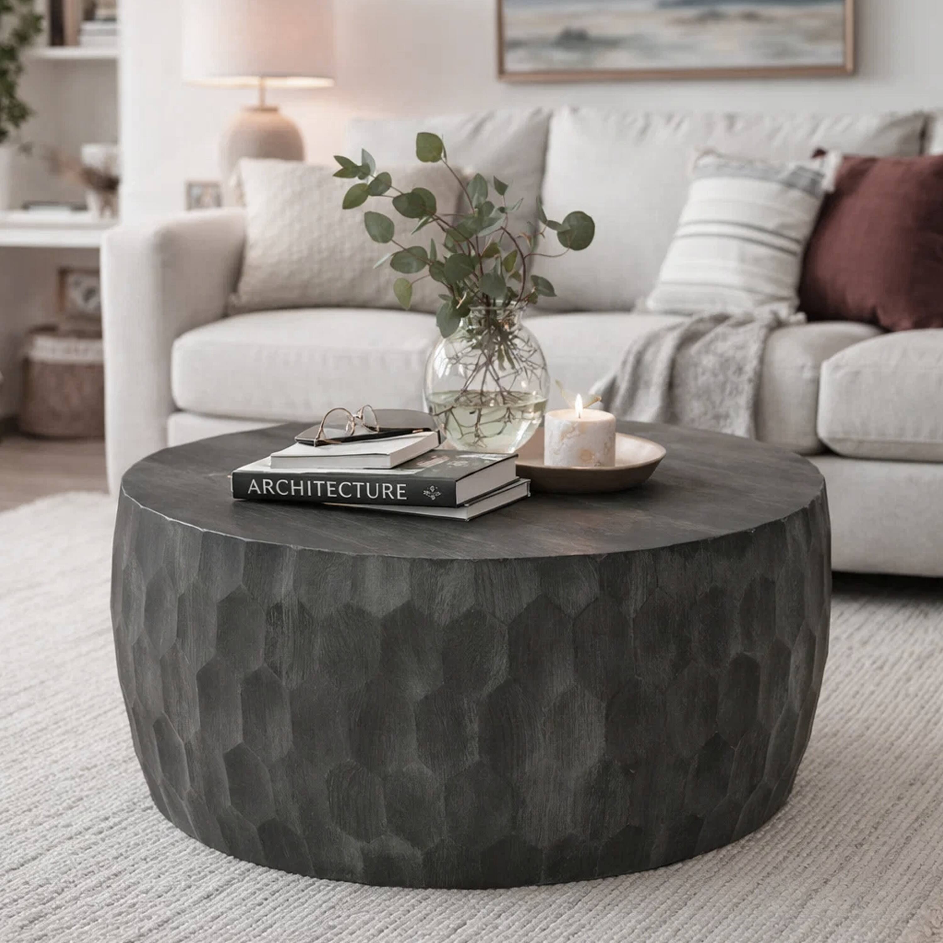Alt View 7. Manhattan Lane - Val 34 Inch Handcrafted Mango Wood Coffee Table, Hammered Round Drum Shape, Honeycomb, - Gray.