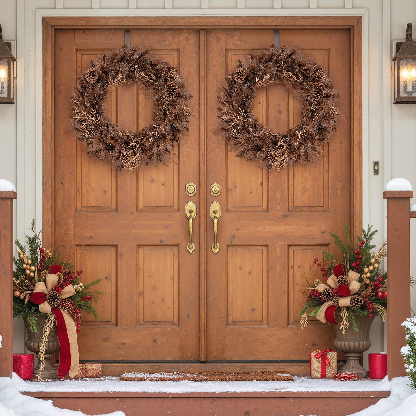 Alt View 4. Costway - Costway 1 PCS 24" Pre-lit Christmas Wreath Front Door Artificial Xmas Wreath with 105 Branch Tips - Brown.