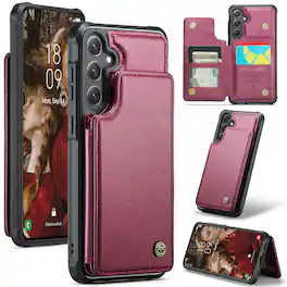 Dteck - Flip Wallet Phone Case for Samsung Galaxy S26 FE, RFID Blocking PU Leather Protective Kickstand Cover with 4 Card Slots - Winered