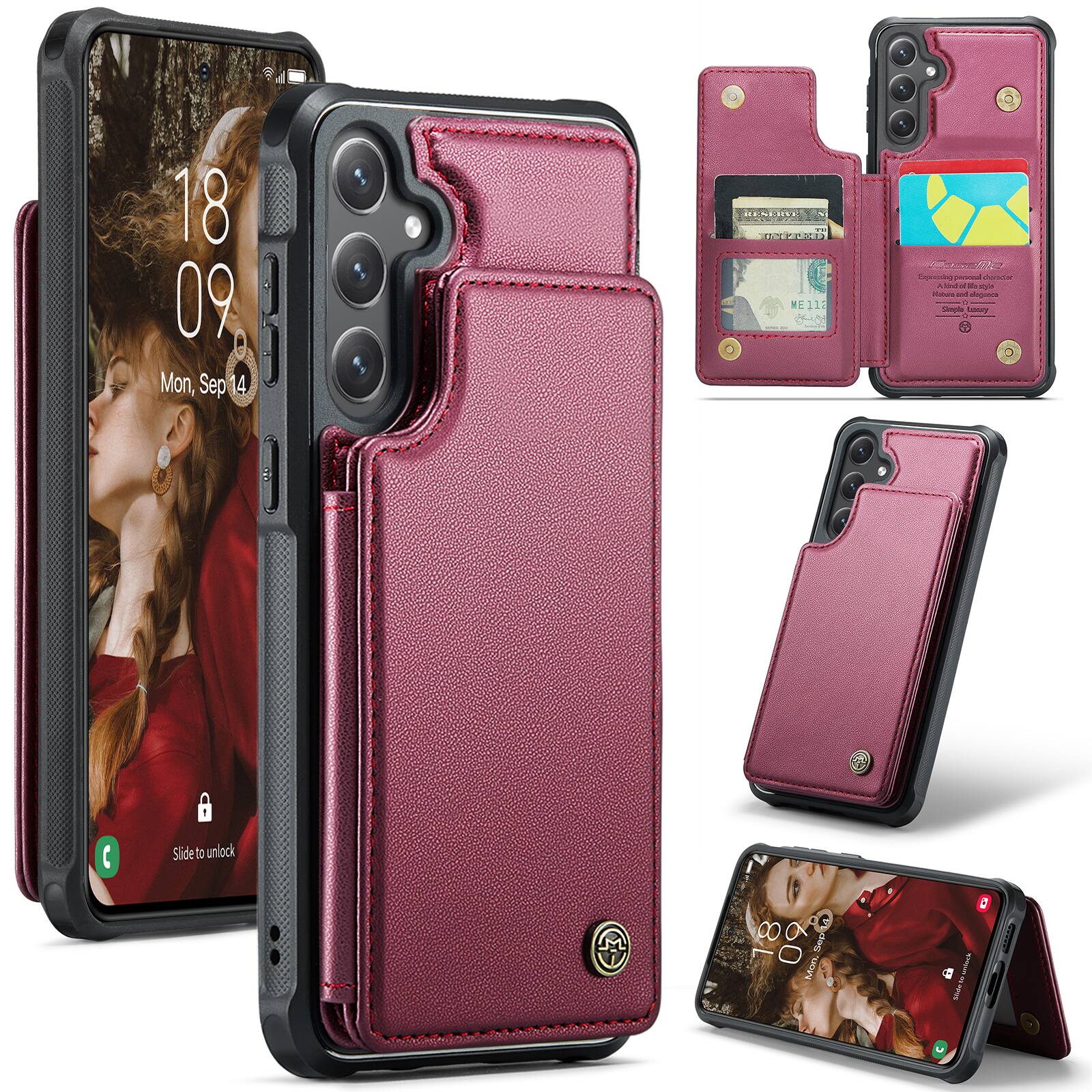 Dteck - Flip Wallet Phone Case for Samsung Galaxy S26 FE, RFID Blocking PU Leather Protective Kickstand Cover with 4 Card Slots - Winered