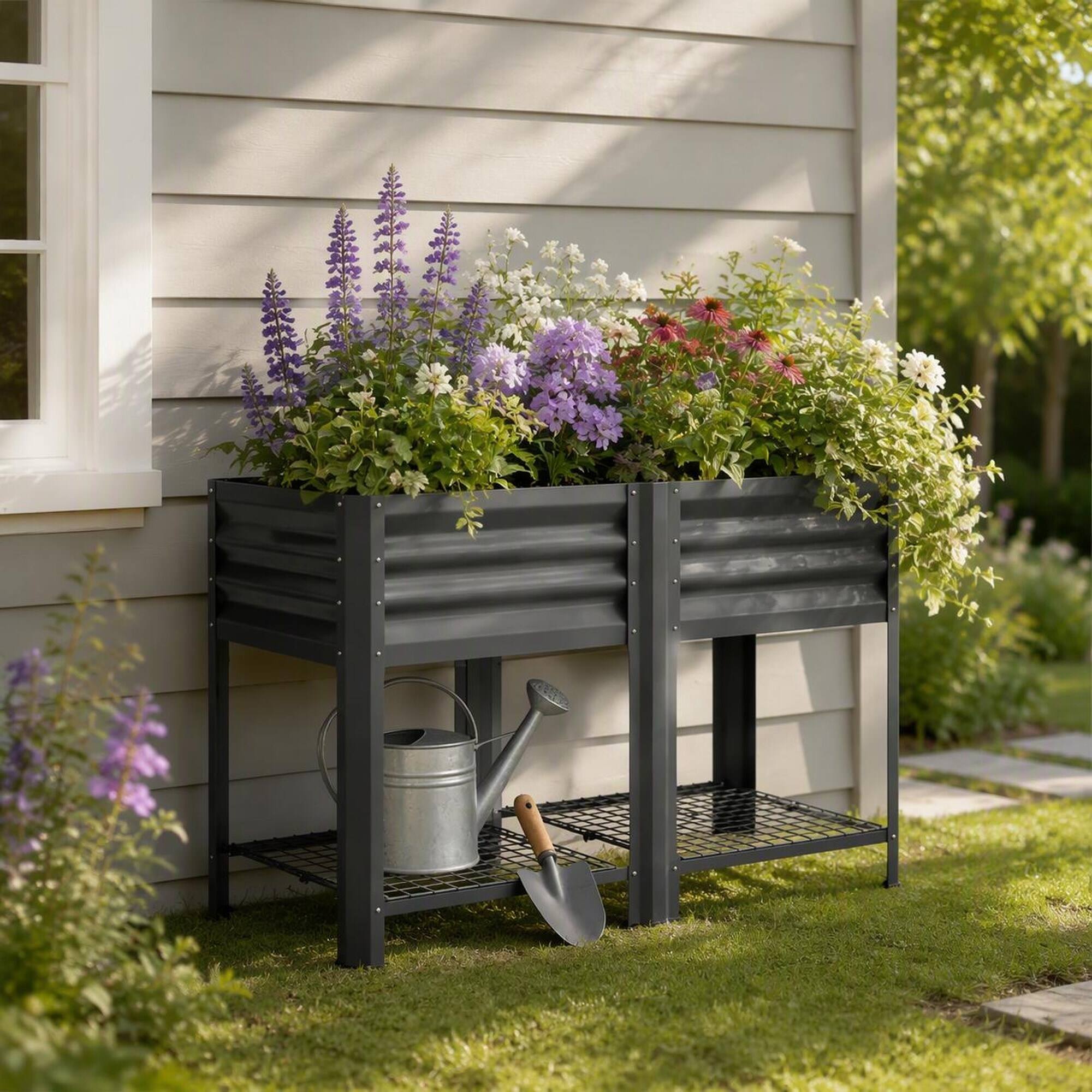 Angle. RYHNUYNE - Elevated Outdoor Planter Box with Stand, 39.6 Gallon Galvanized Steel Raised Garden Bed, Dark Gray, 396 lbs - Dark Gray.