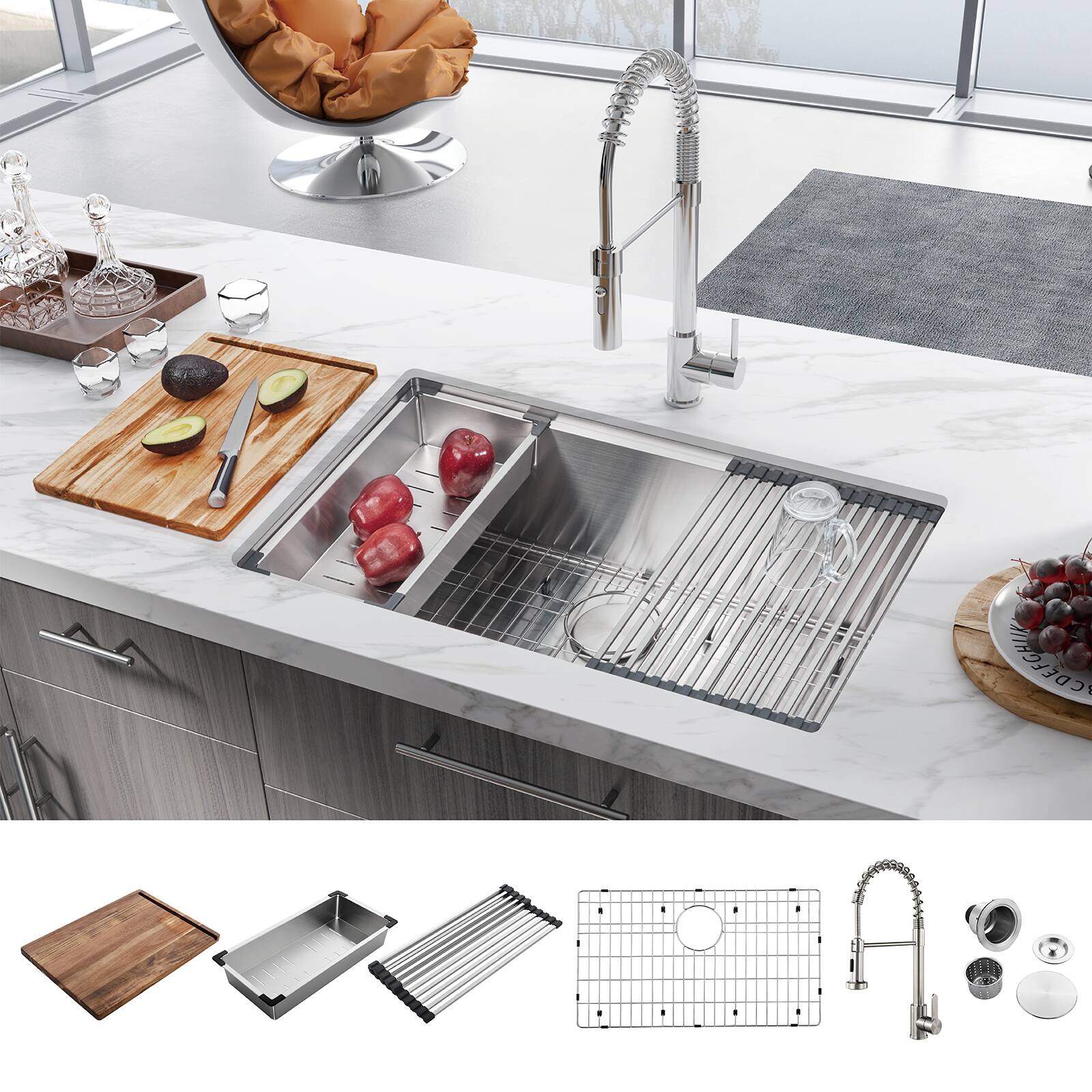 Angle. Akicon - Akicon 32 in. Undermount 18-Gauge Single Bowl Basin Stainless Steel Kitchen Sink and Faucet with Accessories - Silver.