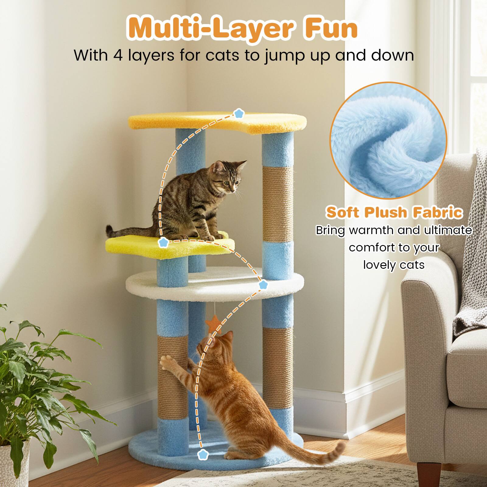 Multi-Layer Fun  
With 4 layers for cats to jump up and down  

Soft Plush Fabric  
Bring warmth and ultimate comfort to your lovely cats