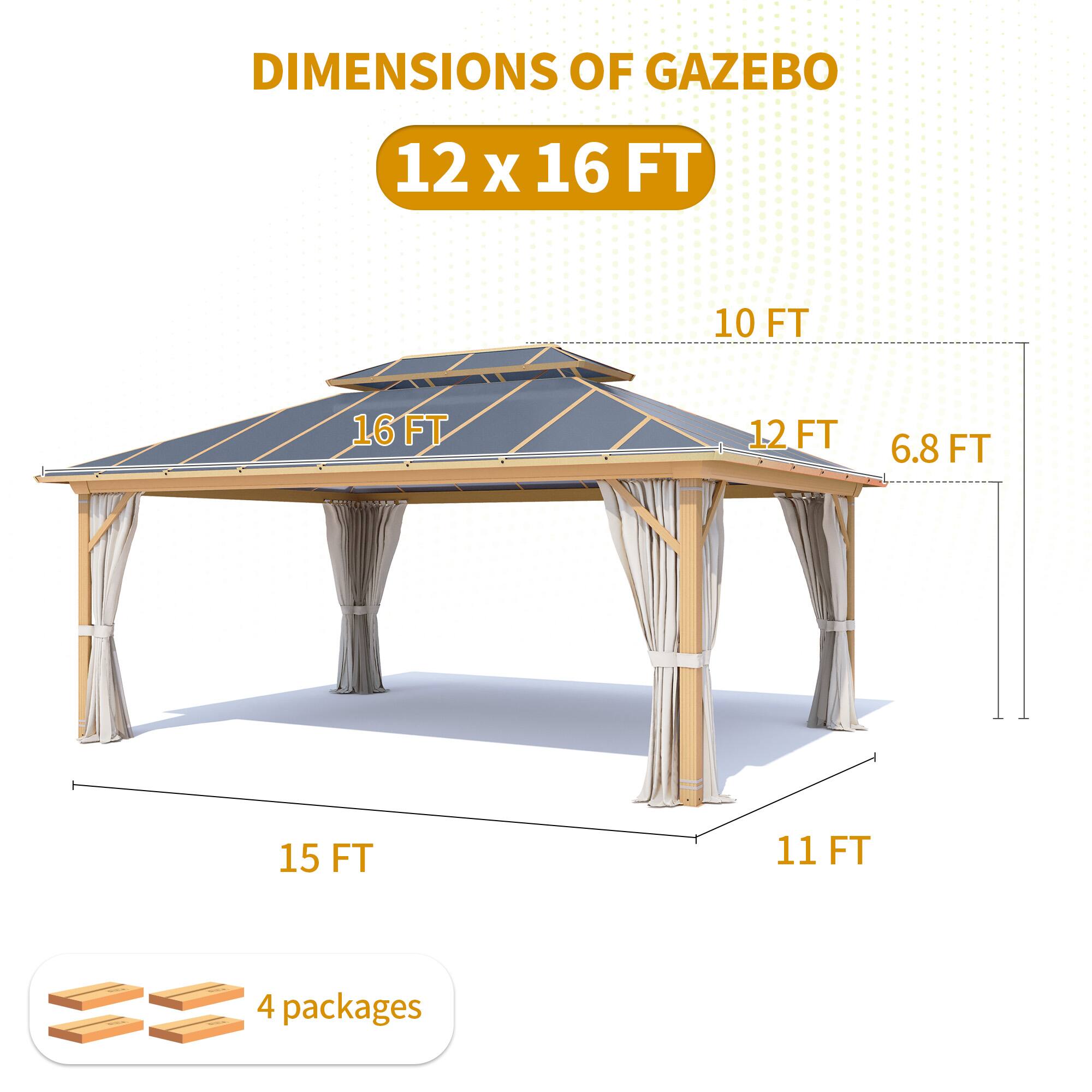 DIMENSIONS OF GAZEBO, 12 X 16 FT, 10 FT, 16 FT, 12 FT, 6.8 FT, 15 FT, 11 FT, 4 packages