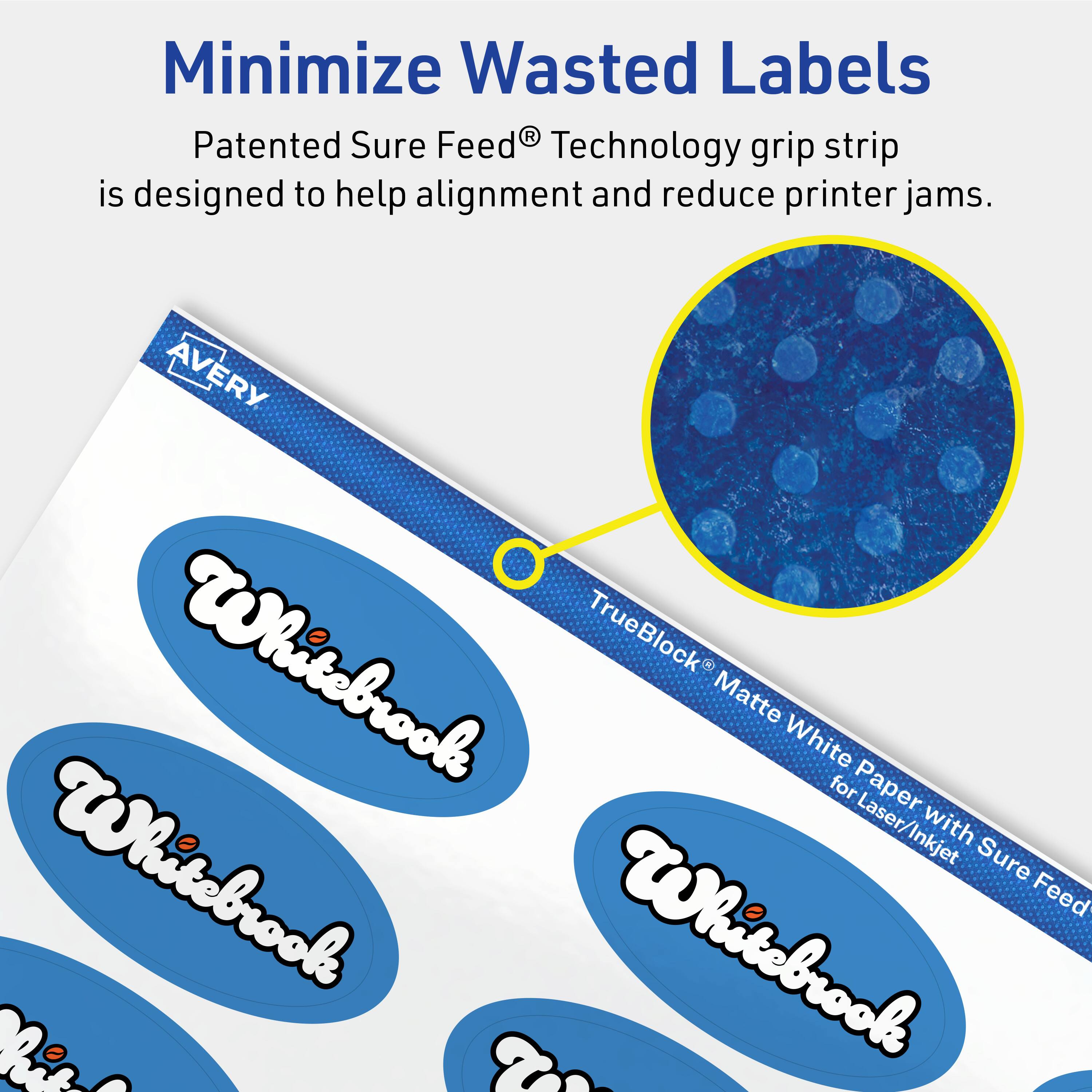 Minimize Wasted Labels

Patented Sure Feed® Technology grip strip is designed to help alignment and reduce printer jams.

AVERY Whitebrook TrueBlock Matte White for Paper Laser/Inkjet with Whitebrook Sure Feed®