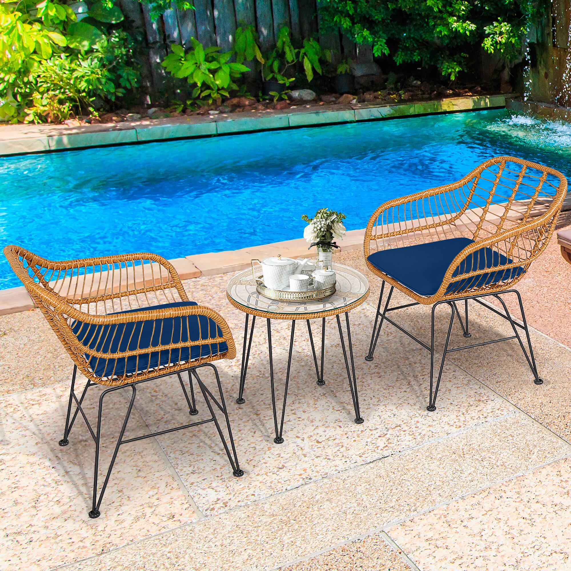 Alt View 3. Gymax - Gymax 3PCS Rattan Patio Bistro Set Conversation Furniture Set w/ Navy Cushions - Navy.