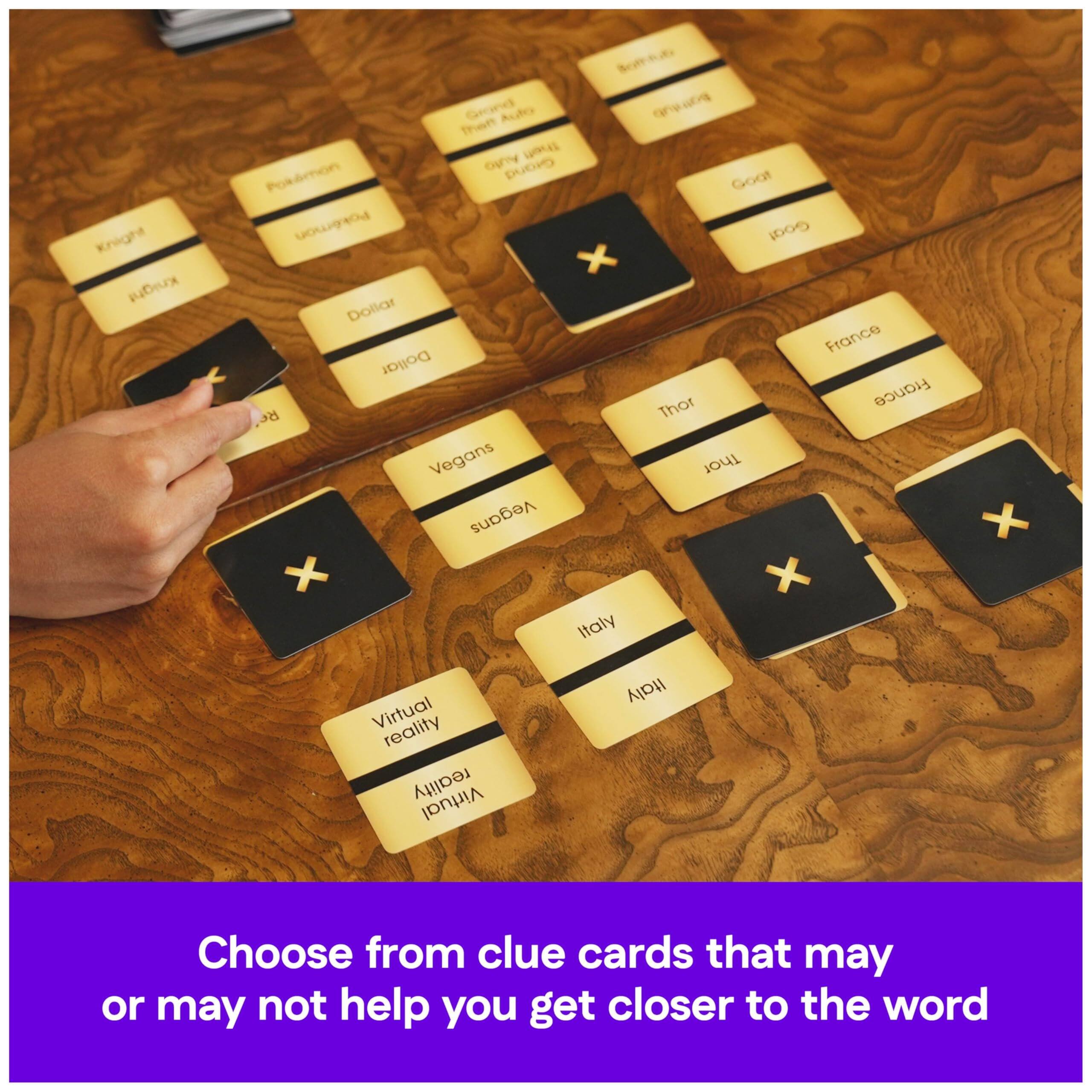 Knight Knight Grond Adto Than Thueft oUT Grand Pokmon Goot Pokmon Goat x Dollar France Dollar Thor France Re Vegans Thor Vegans + x Italy x Virtual reality reality Virtual Italy Choose from clue cards that may or may not help you get closer to the word