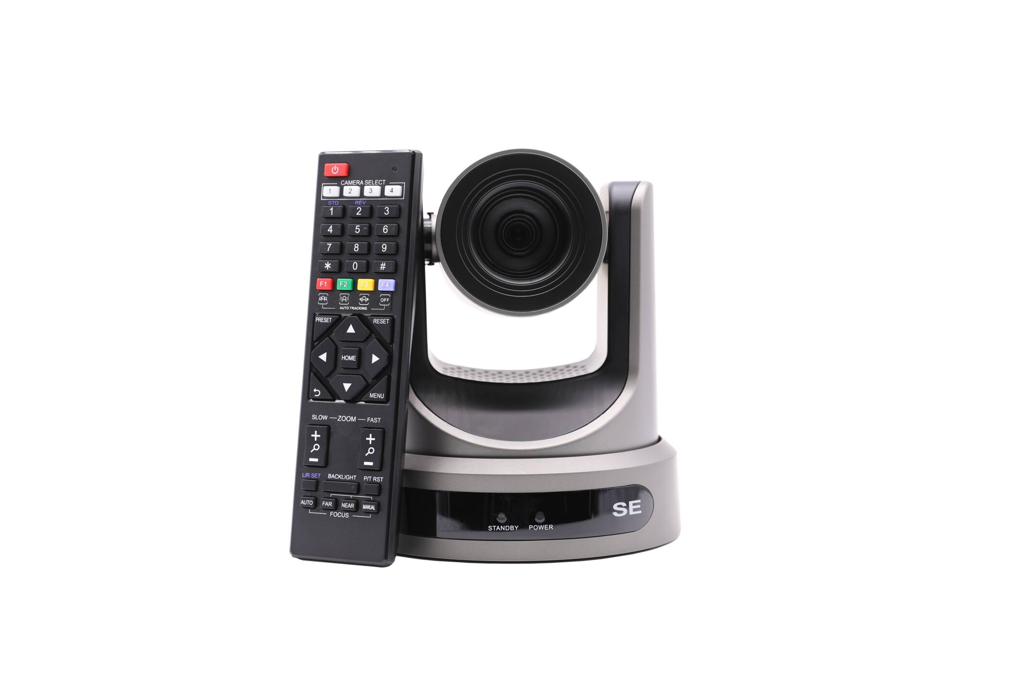 1. CAMERA SELECT
2. 1 2 3 4
3. 5 6 7 8
4. 9 0 #
5. F1 F2 F3 F4
6. H D1
7. PRESET RESET HOME
8. MENU
9. SLOW ZOOM FAST
10. + - (arrow up and down)
11. LN SET BACKLIGHT
12. PIT RST
13. AUTO FARR NEAR FOCUS
14. WA
15. STANDBY POWER

Additional buttons:
- AUTO
- FAR
- NEAR
- MANUAL
- SE (on the camera)