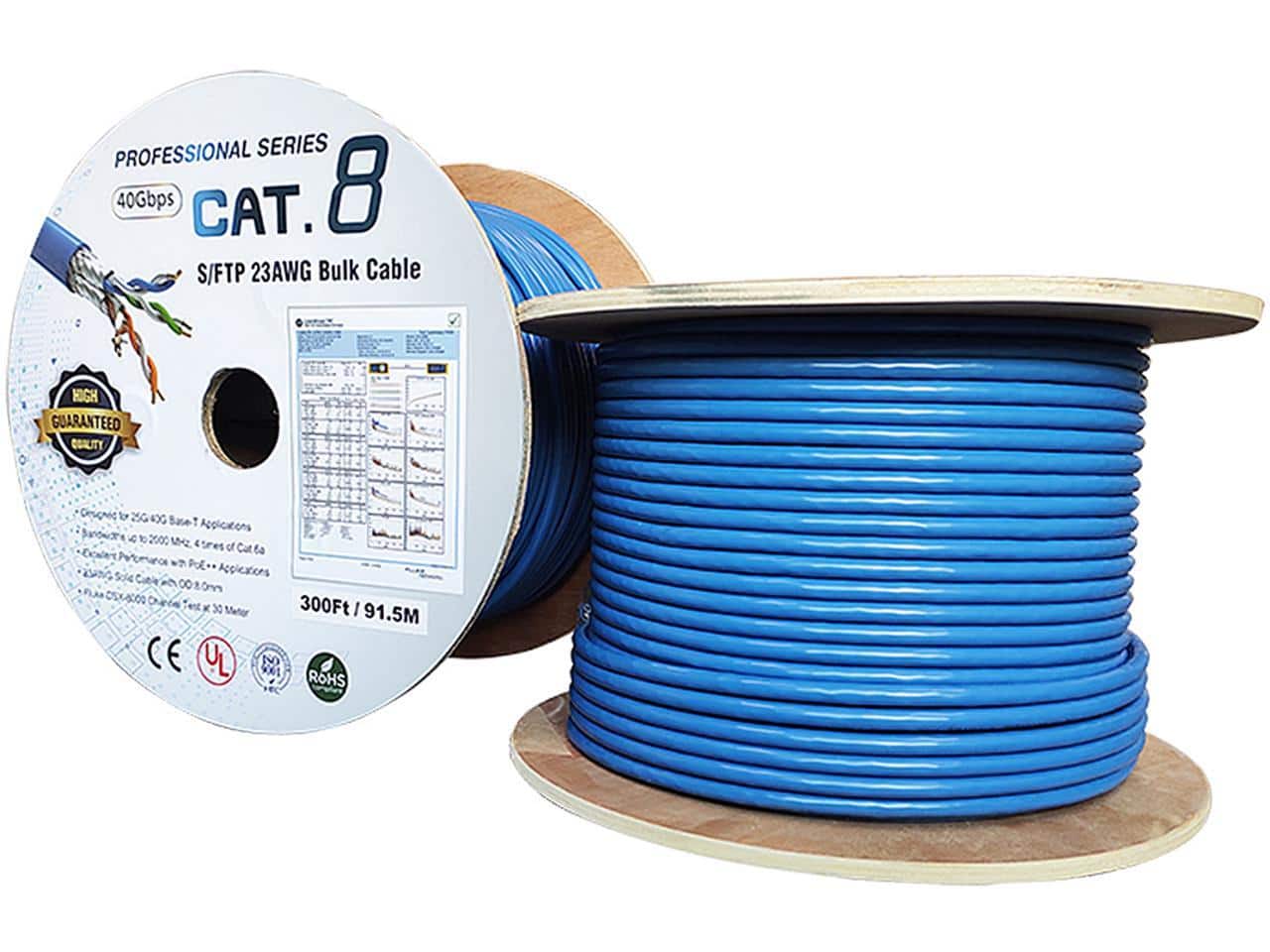 Nippon Labs - Cat8 Ethernet Cable 300ft - Blue, 2GHz, 40G, 23AWG, S/FTP Shielded, PVC, Solid Conductor