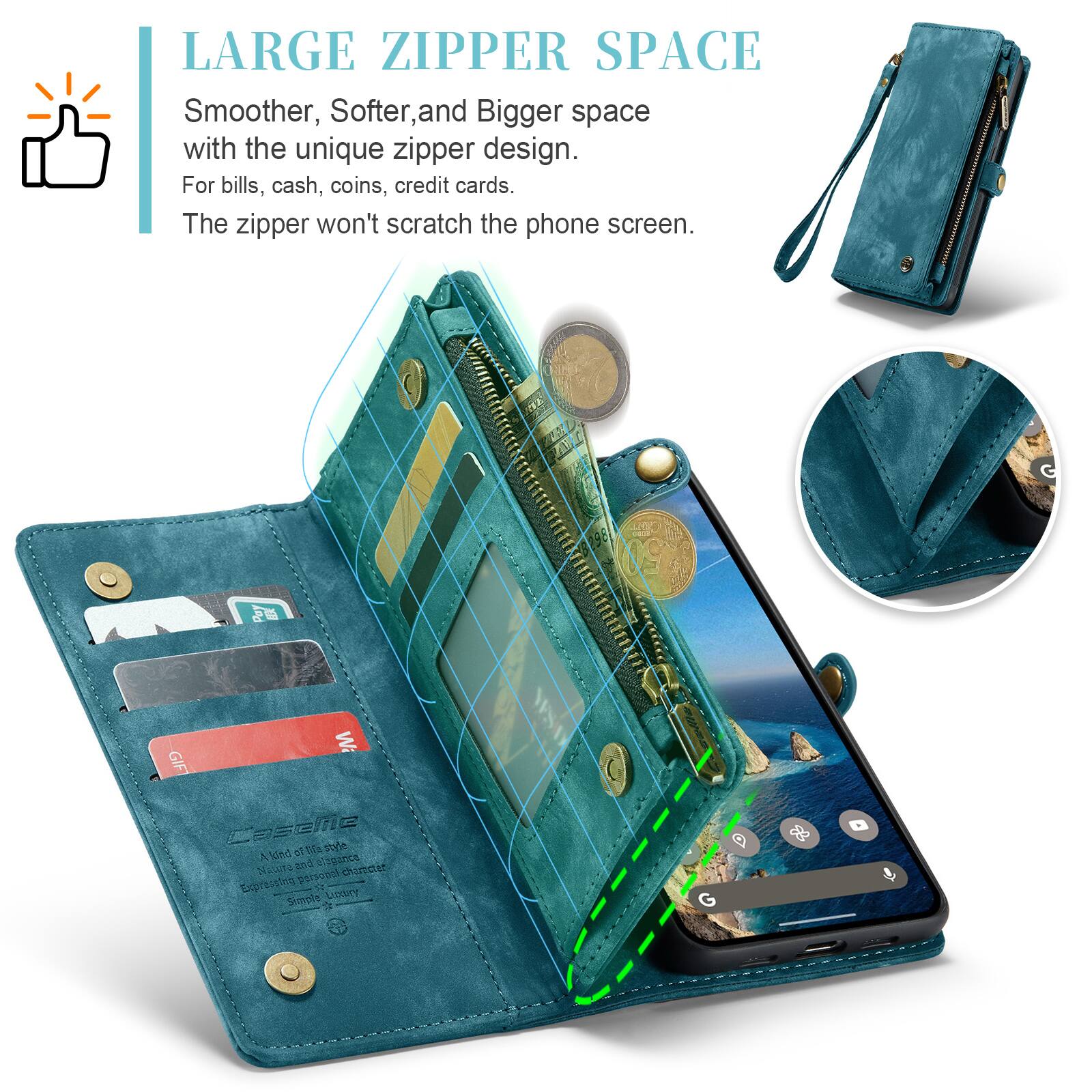 LARGE ZIPPER SPACE  
Smoother, Softer, and Bigger space with the unique zipper design.  
For bills, cash, coins, credit cards.  
The zipper won't scratch the phone screen.  

Wa GIFT Casea offe style X kind elegance Naura and character Expressing personal * Simple Lectury