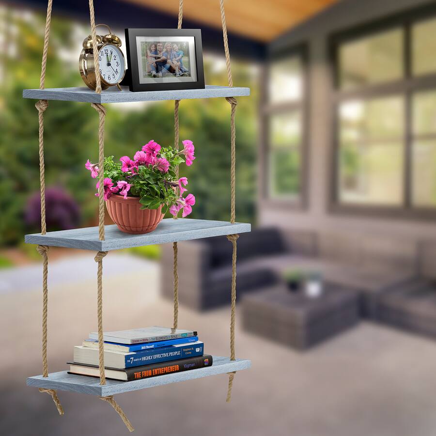 Sorbus Wood Hanging Shelf 3 Tier Rustic Wood Swing Storage Shelves Rope ...
