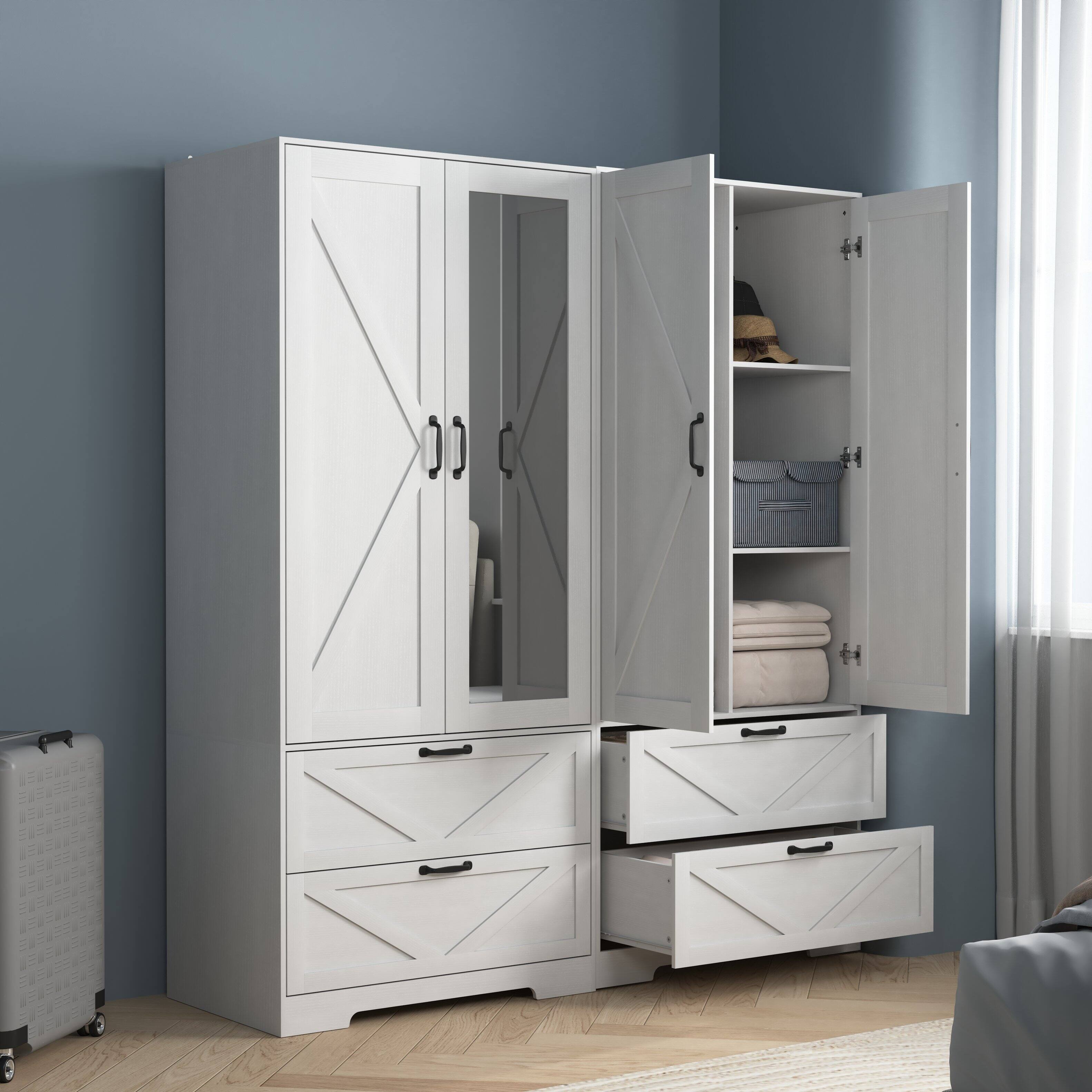 Alt View 1. Z-Edge - Wooden Armoire Wardrobe with Mirror and 2 Drawers, 2 Doors, 71.7" Tall Freestanding Clothing Storage Cabinet for Bedroom - White.
