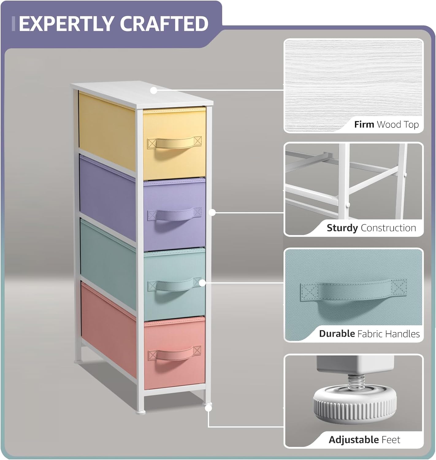 EXPERTLY CRAFTED

- Firm Wood Top
- Sturdy Construction
- Durable Fabric Handles
- Adjustable Feet