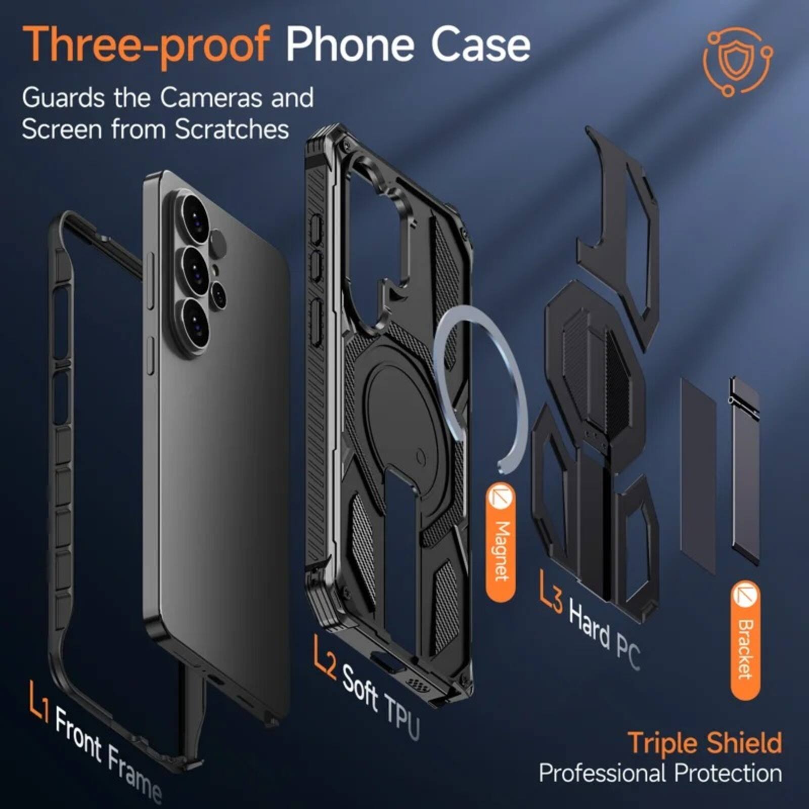Three-proof Phone Case  
Guards the Cameras and Screen from Scratches  

L1 Front Frame  
L2 Soft TPU  
Magnet  
L3 Hard PC Bracket  

Triple Shield  
Professional Protection