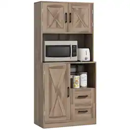 Homcom - 60" Tall Kitchen Pantry Cabinet, Farmhouse Kitchen Storage Cabinet with Barn Doors, Drawers & Adjustable Shelves - Gray