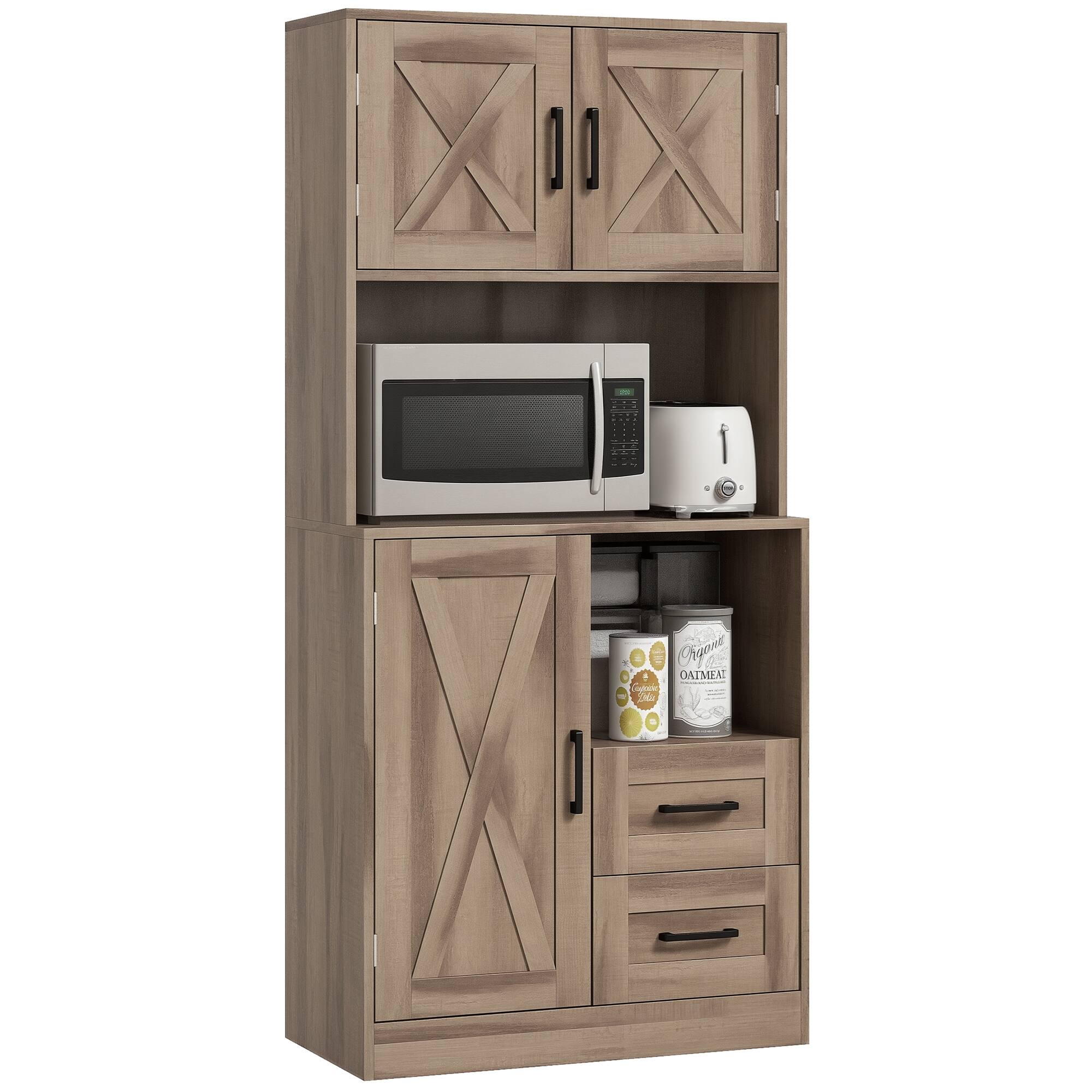 Homcom - 60" Tall Kitchen Pantry Cabinet, Farmhouse Kitchen Storage Cabinet with Barn Doors, Drawers & Adjustable Shelves - Gray