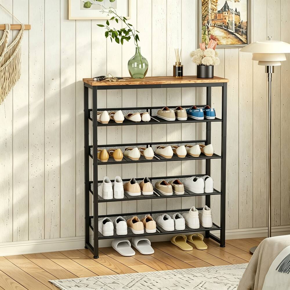 Alt View 1. Loheer - Loheer industrial shoe rack, country brown shoe organizer, 5-layer shoe rack with wooden top, 30x11.5x37 in - Country Brown.