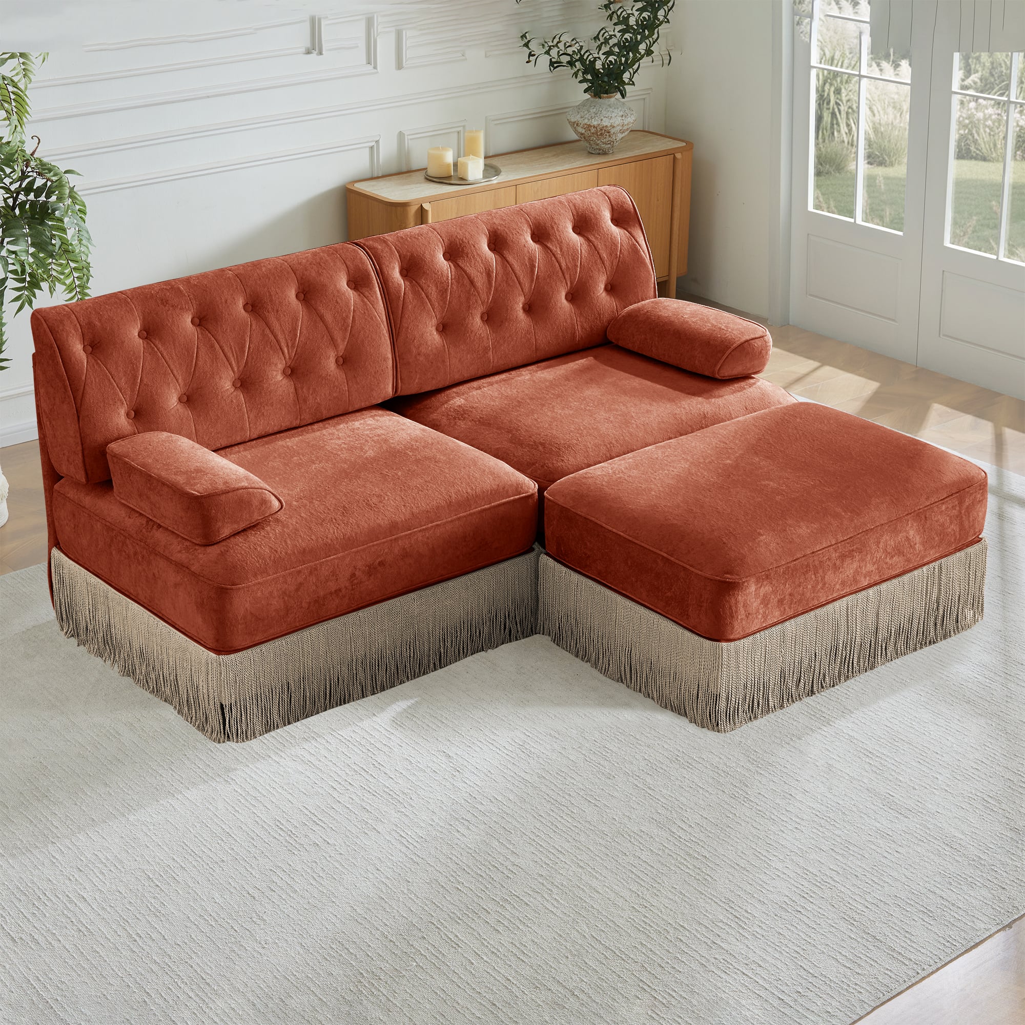 Anysun - L-Shape Velvet Chesterfield Sofa - Tassel Skirt, Curved Armrests, Wood Base, Easy Assembly for Living Room & Bedroom - Red