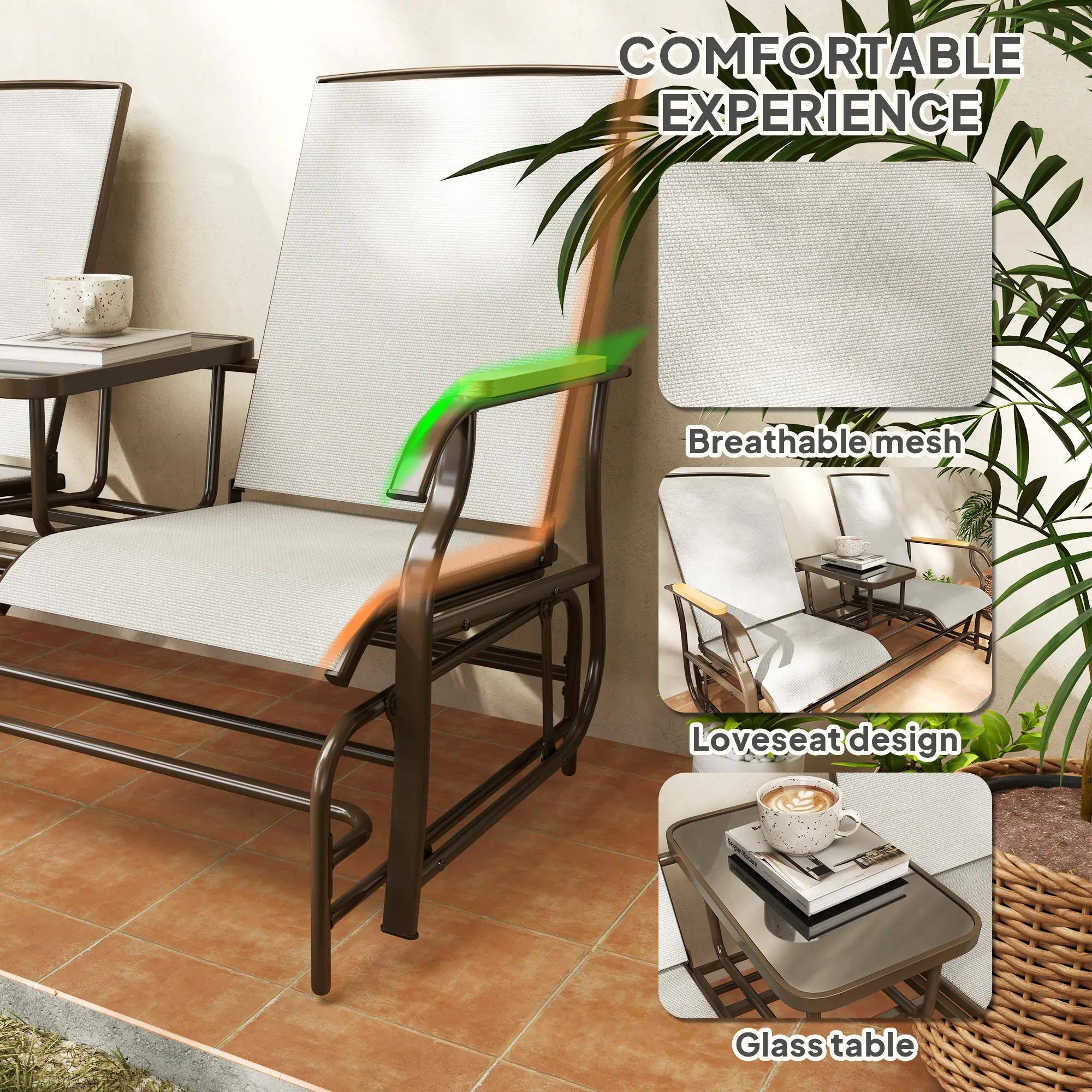 COMFORTABLE EXPERIENCE

Breathable mesh

Loveseat design

Glass table