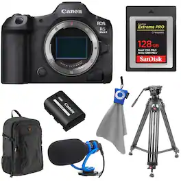 Bundle - Canon - EOS R5 Mark II Mirrorless Camera, with 128GB CFexpress Type-B Card, Tripod with Fluid Head, Microphone and