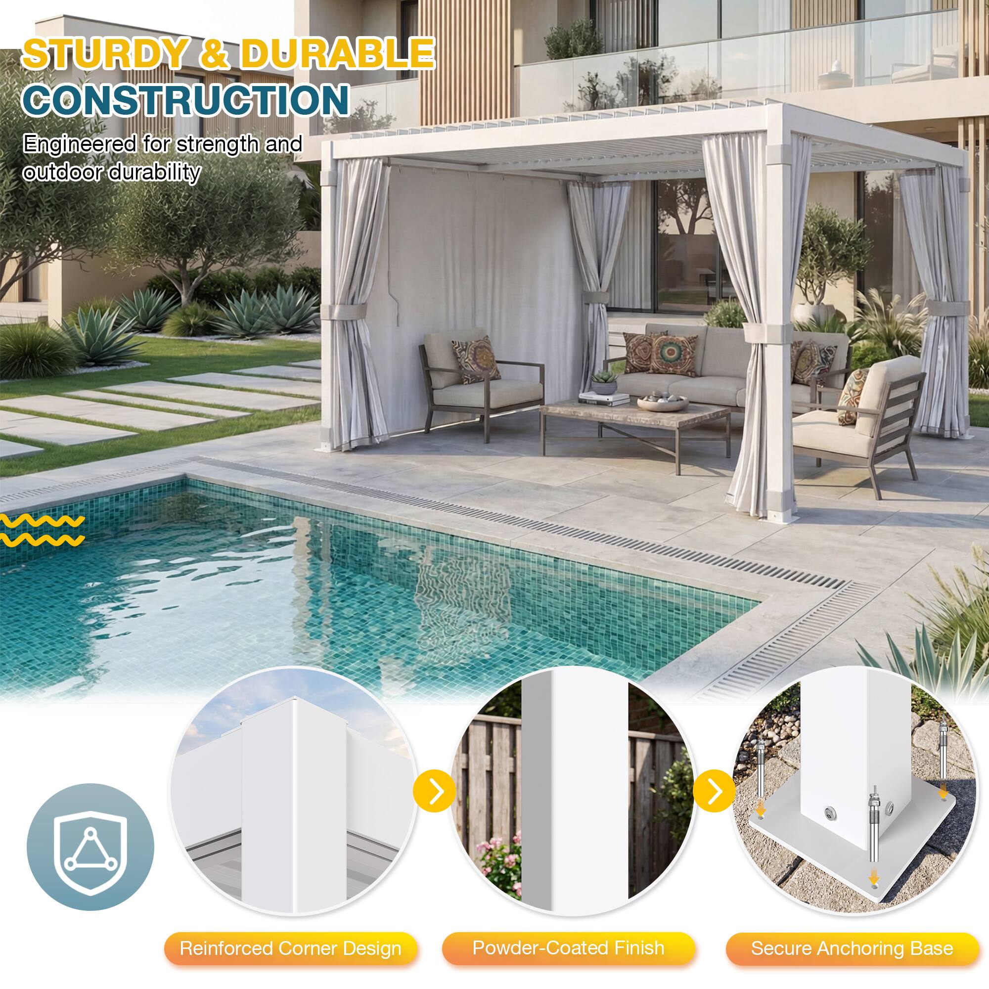 STURDY & DURABLE CONSTRUCTION  
Engineered for strength and outdoor durability  

- Reinforced Corner Design  
- Powder-Coated Finish  
- Secure Anchoring Base