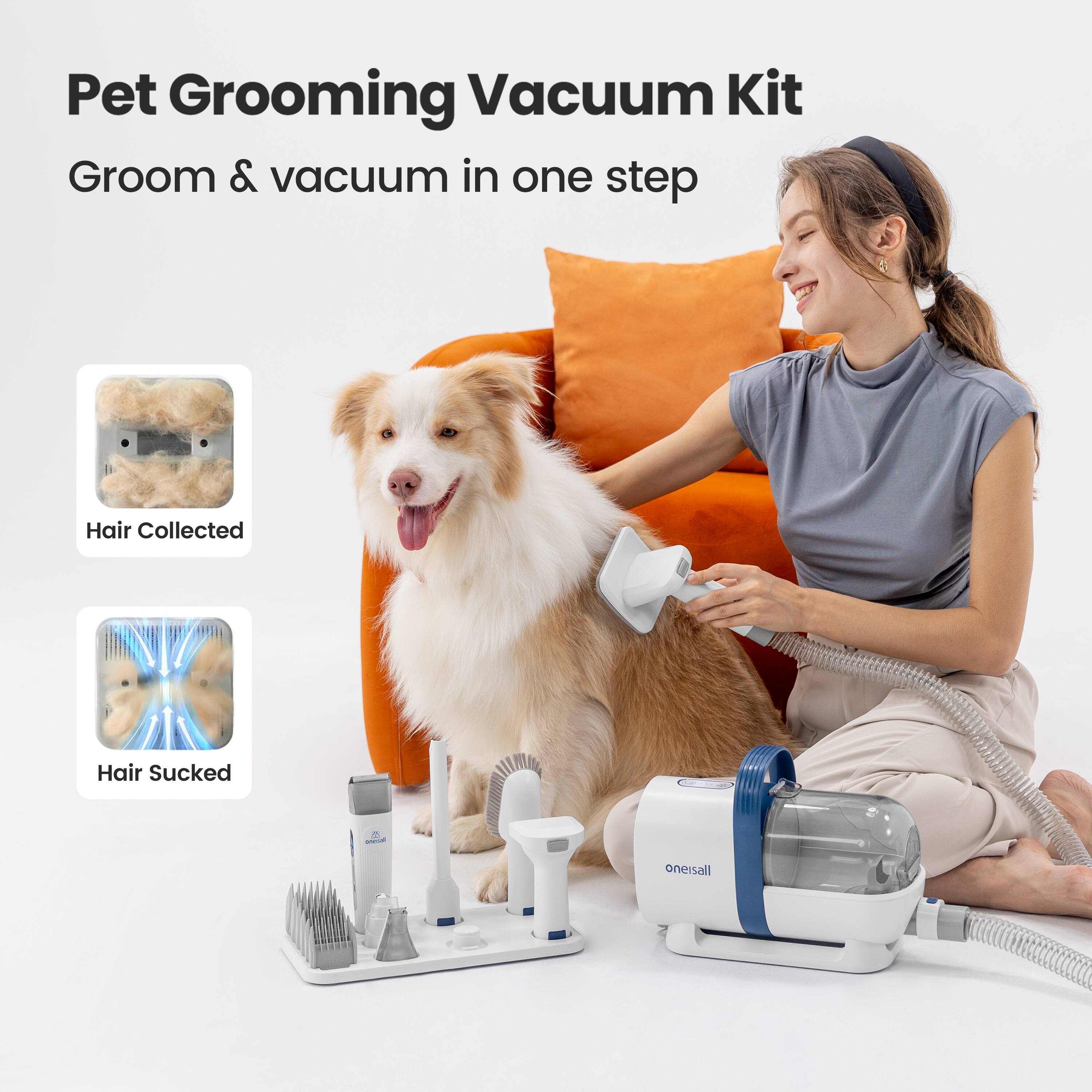 Pet Grooming Vacuum Kit  
Groom & vacuum in one step  

Hair Collected  
Hair Sucked  

oneisall