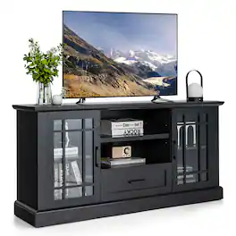 Gymax - Farmhouse TV Stand for TVs up to 70'' Media Center w/ Glass Doors Cubbies & Drawer - Black