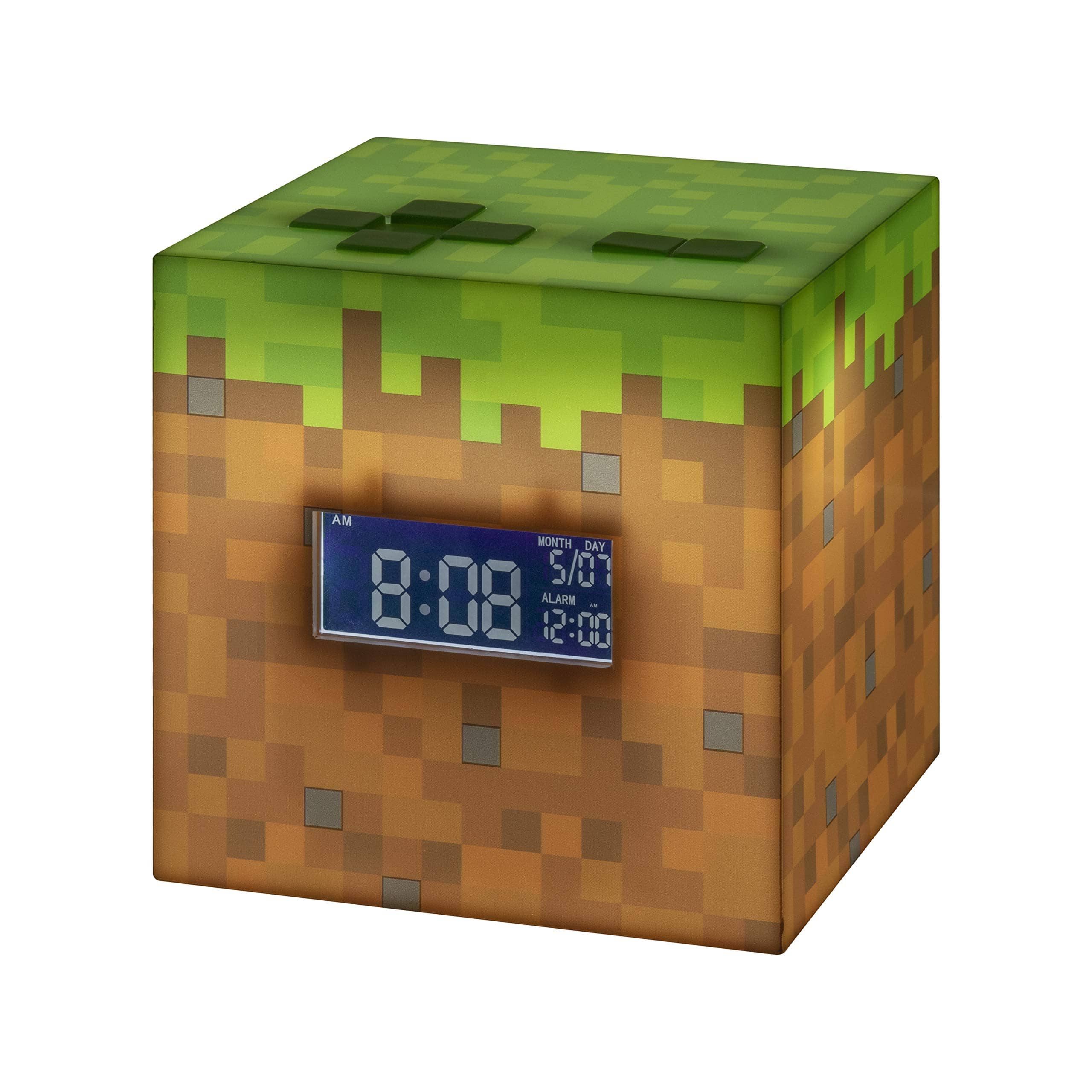 Vulpecula Spade - Minecraft Grass Block Digital Alarm Clock, Light Up Lamp Feature, Plays Official in Game Music, Bedroom Decor for - Green