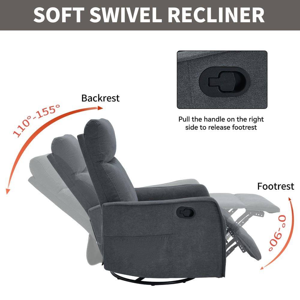 SOFT SWIVEL RECLINER

Backrest: 110°-155°

Footrest: 0°-90°

Pull the handle on the right side to release footrest