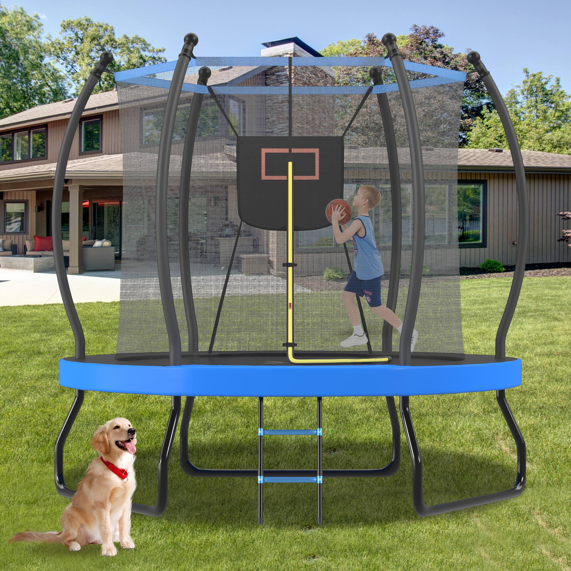Angle. LOVMOR - Lovmor 8 FT Trampoline with Basketball Hoop and Ladder Recreational Trampoline for Kids.