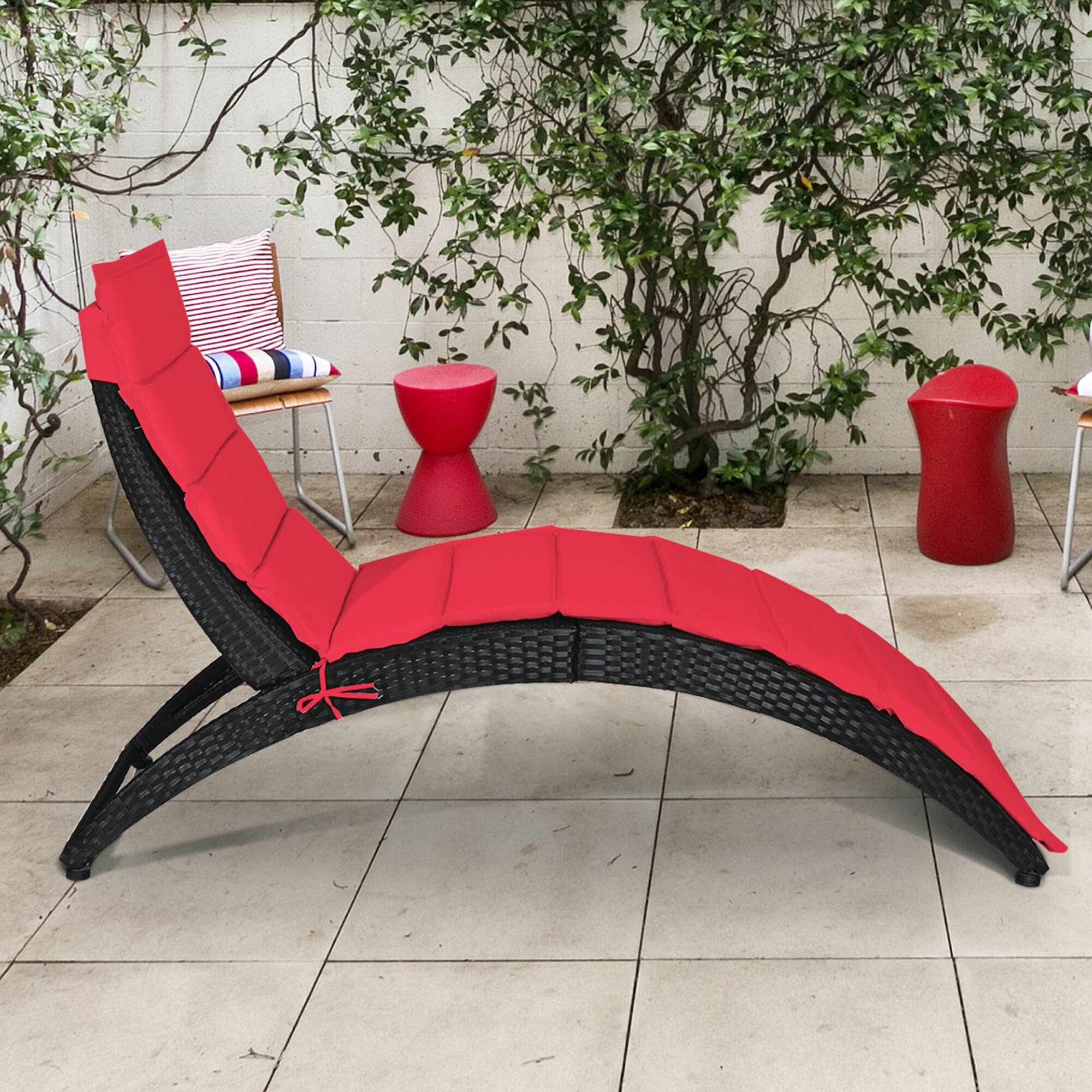 Alt View 2. Gymax - Gymax Foldable Rattan Wicker Chaise Lounge Chair w/ Red Cushion Patio Outdoor - Black.