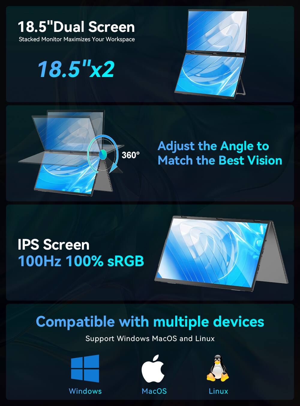 18.5" Dual Screen  
Stacked Monitor Maximizes Your Workspace  
18.5" x 2  

Adjust the Angle to Match the Best Vision  
360°  

IPS Screen  
100Hz 100% sRGB  

Compatible with multiple devices  
Support Windows, MacOS, and Linux