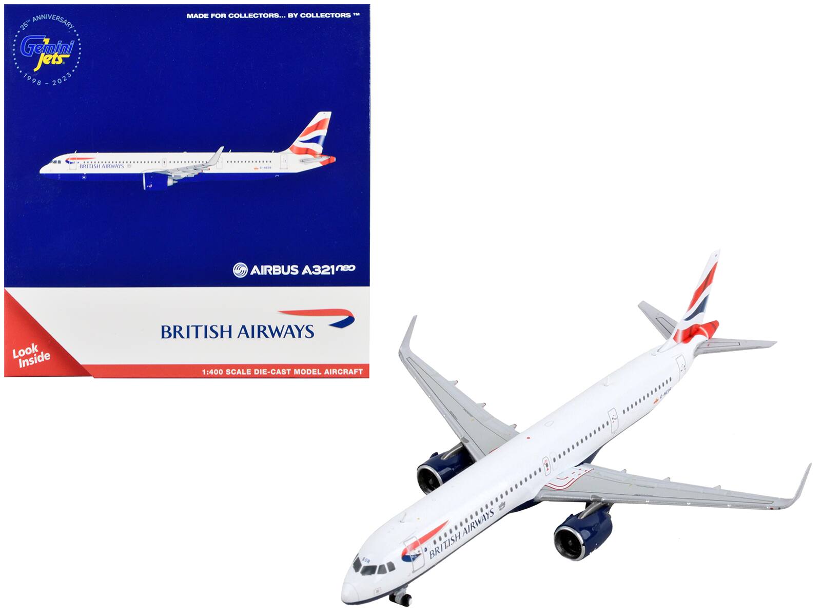 25th Anniversary  
Gemini Jets  
1998 - 2023  

MADE FOR COLLECTORS... BY COLLECTORS™  

AIRBUS A321neo  

BRITISH AIRWAYS  
1:400 SCALE DIE-CAST MODEL AIRCRAFT  

Look Inside