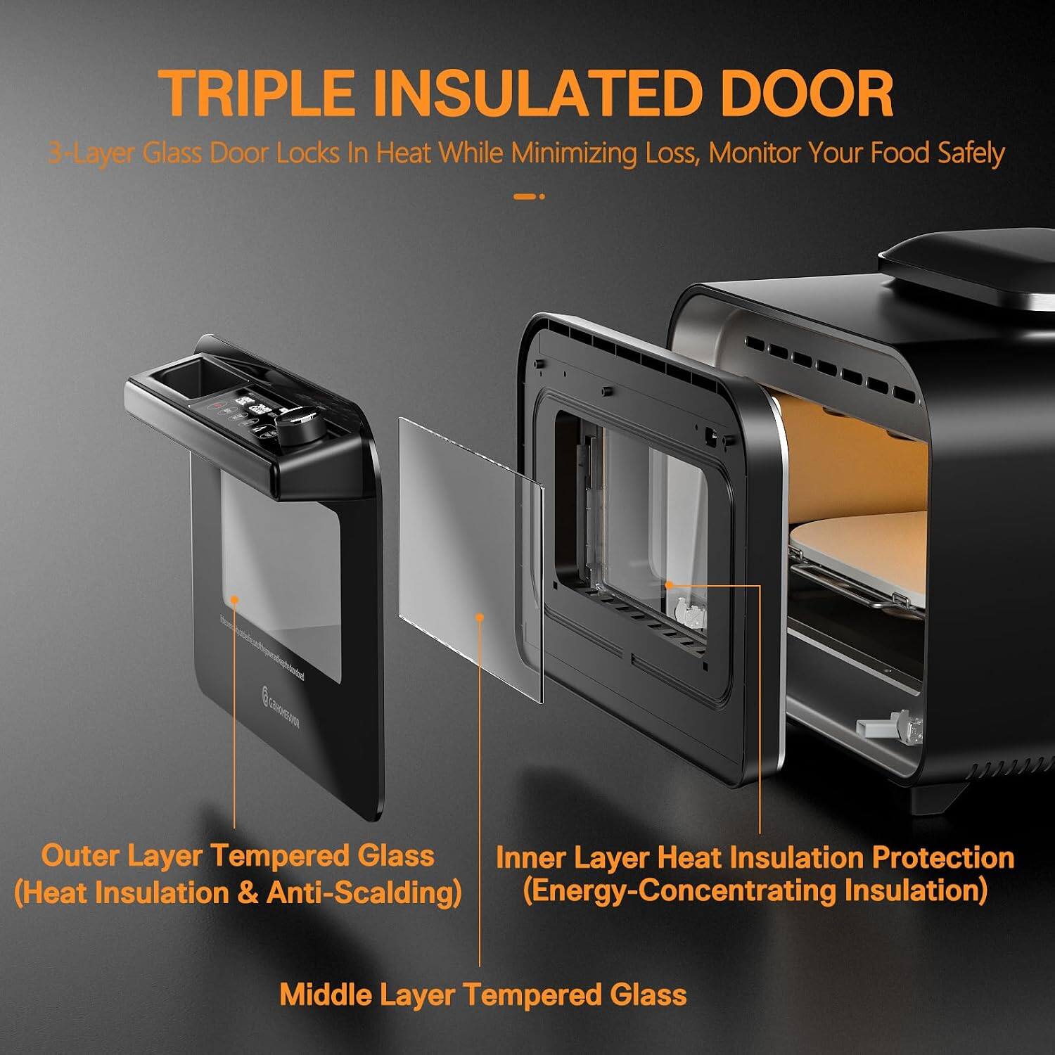 TRIPLE INSULATED DOOR  
3-Layer Glass Door Locks In Heat While Minimizing Loss, Monitor Your Food Safely  
- Outer Layer Tempered Glass  
- Inner Layer Heat Insulation Protection (Heat Insulation & Anti-Scalding) (Energy-Concentrating Insulation)  
- Middle Layer Tempered Glass