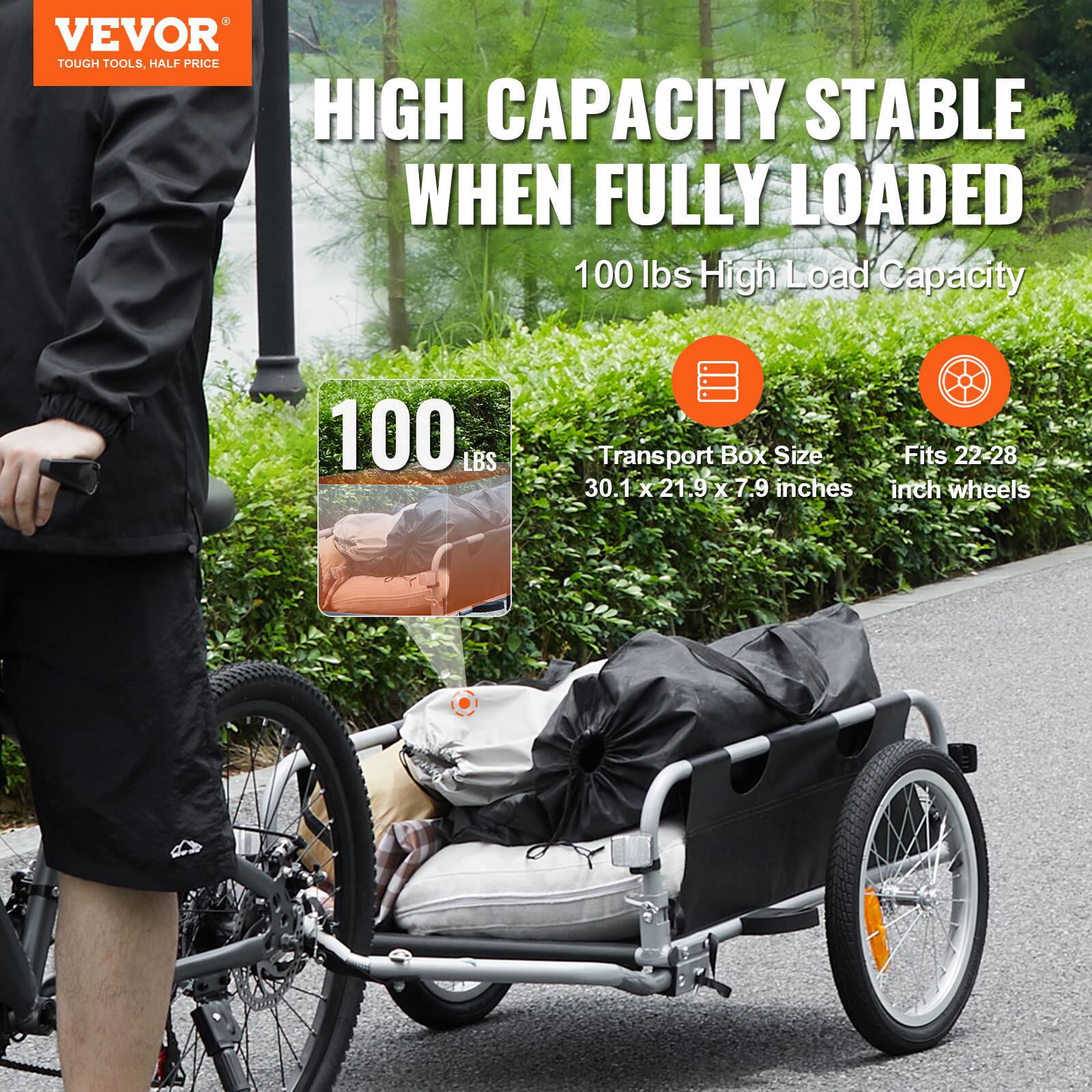 VEVOR TOUGH TOOLS, HALF PRICE

HIGH CAPACITY STABLE WHEN FULLY LOADED

100 lbs High Load Capacity

Transport Box Size: 30.1 x 21.9 x 7.9 inches

Fits 22-28 inch wheels