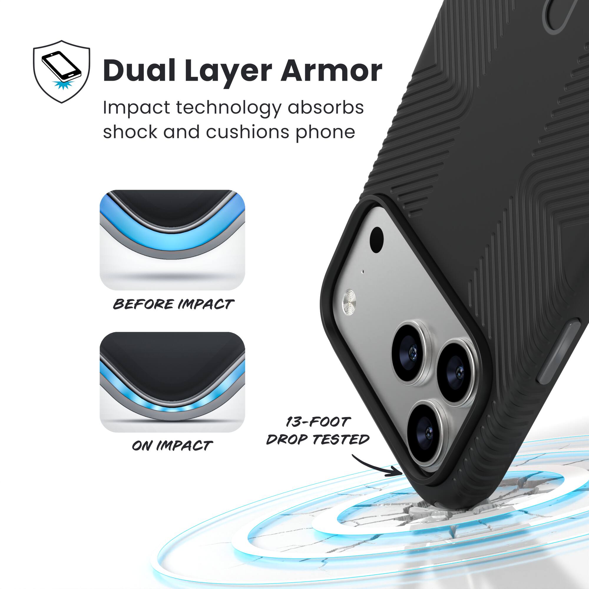 Dual Layer Armor  
Impact technology absorbs shock and cushions phone  

BEFORE IMPACT  
ON IMPACT  

13-FOOT DROP TESTED