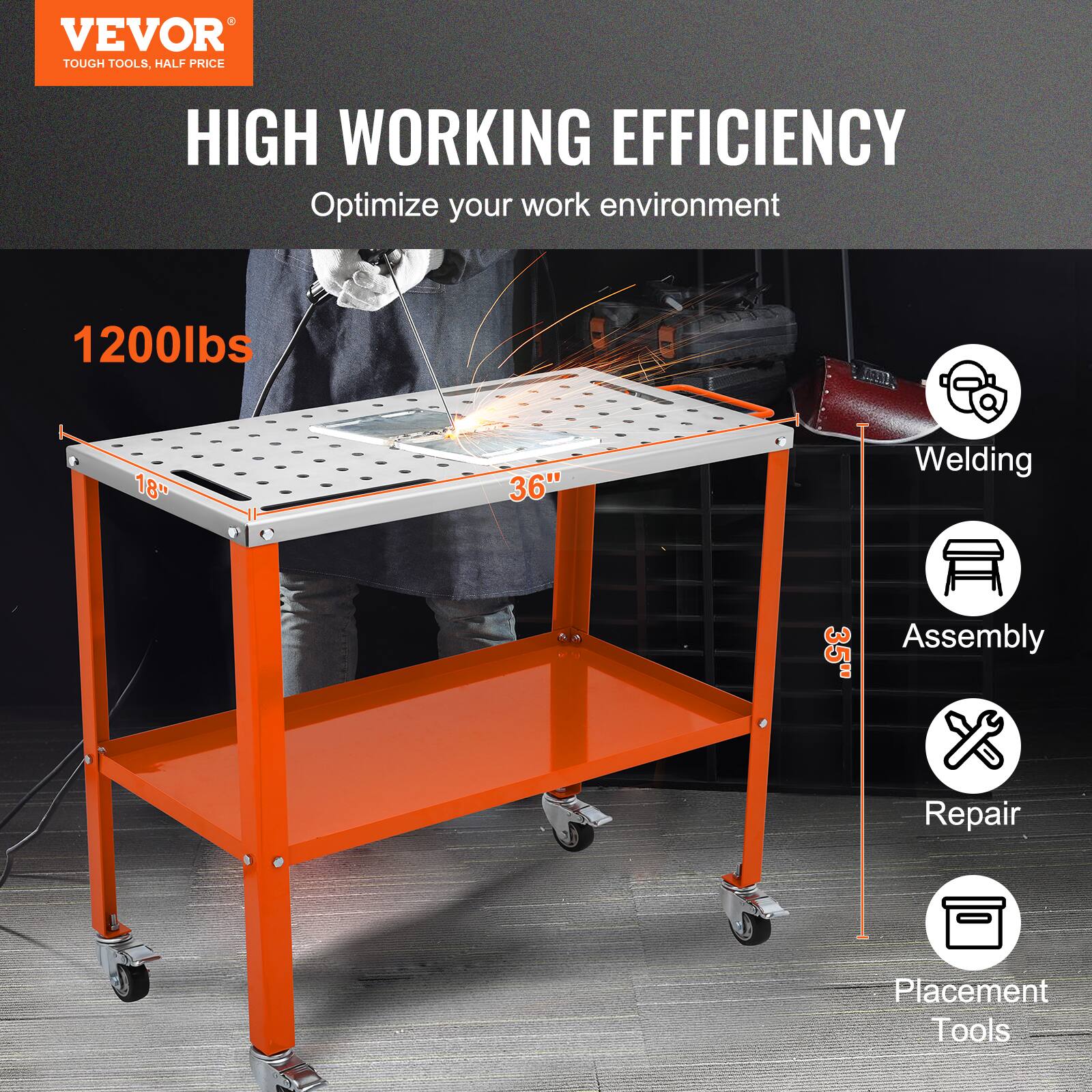 VEVOR  
TOUGH TOOLS, HALF PRICE  

HIGH WORKING EFFICIENCY  
Optimize your work environment  

1200lbs  
18" x 36"  

Welding  
Assembly  
Repair  
Placement Tools