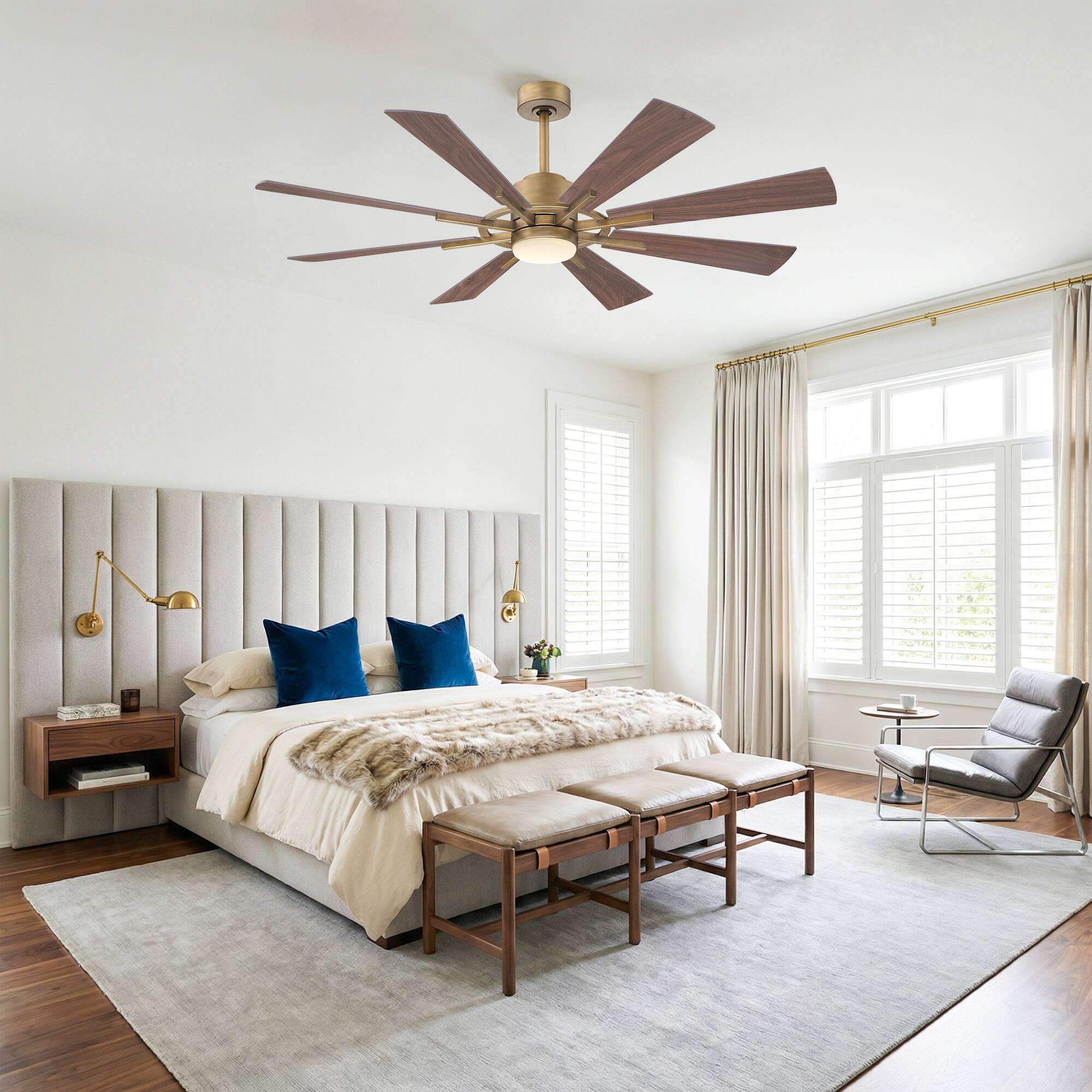 Back. Parrot Uncle - 60" Windmill 8-Blade Integrated LED Ceiling Fan with Light and Remote Control, DC Reversible Motor - Gold.