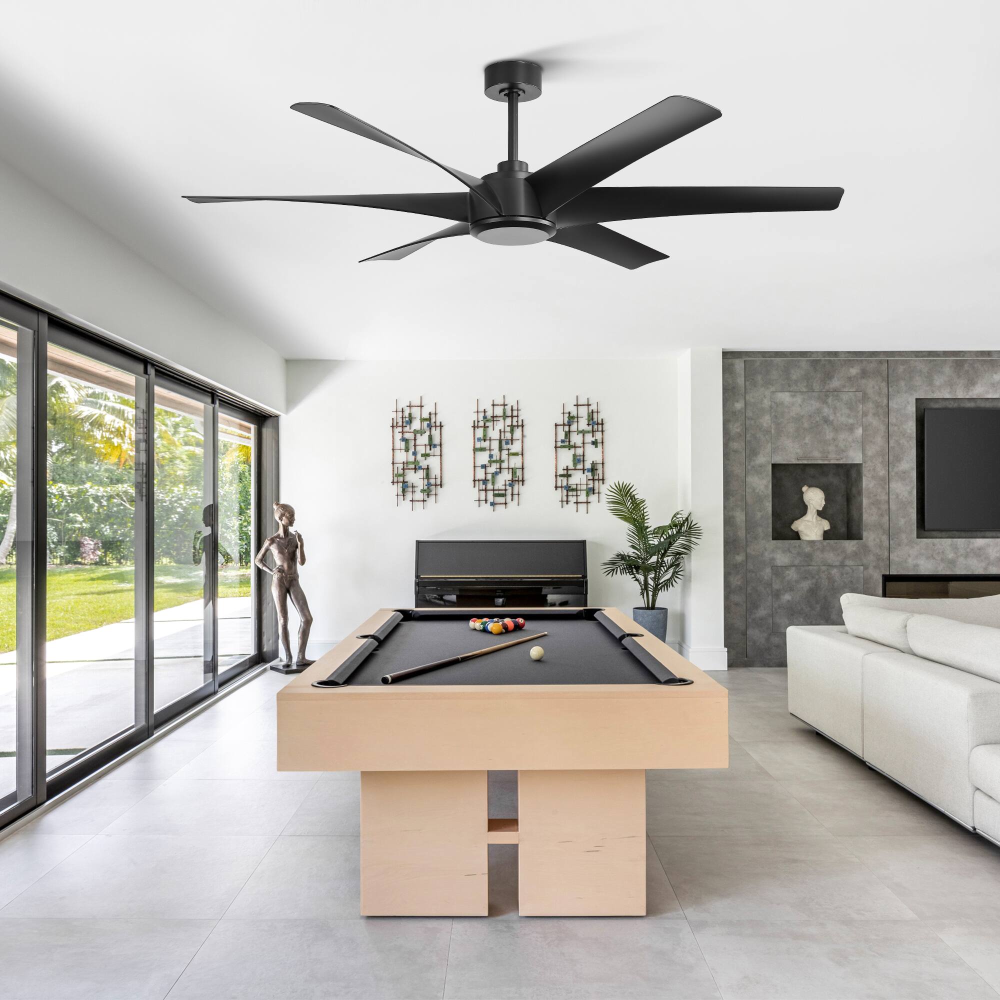 Alt View 2. Breezary - 65" Large Indoor Ceiling Fan with Remote Control, 6 ABS Blades, 6-Speed DC Motor, 7"/12" Downrods, Light/No Light Option - Matte Black (Without Light).