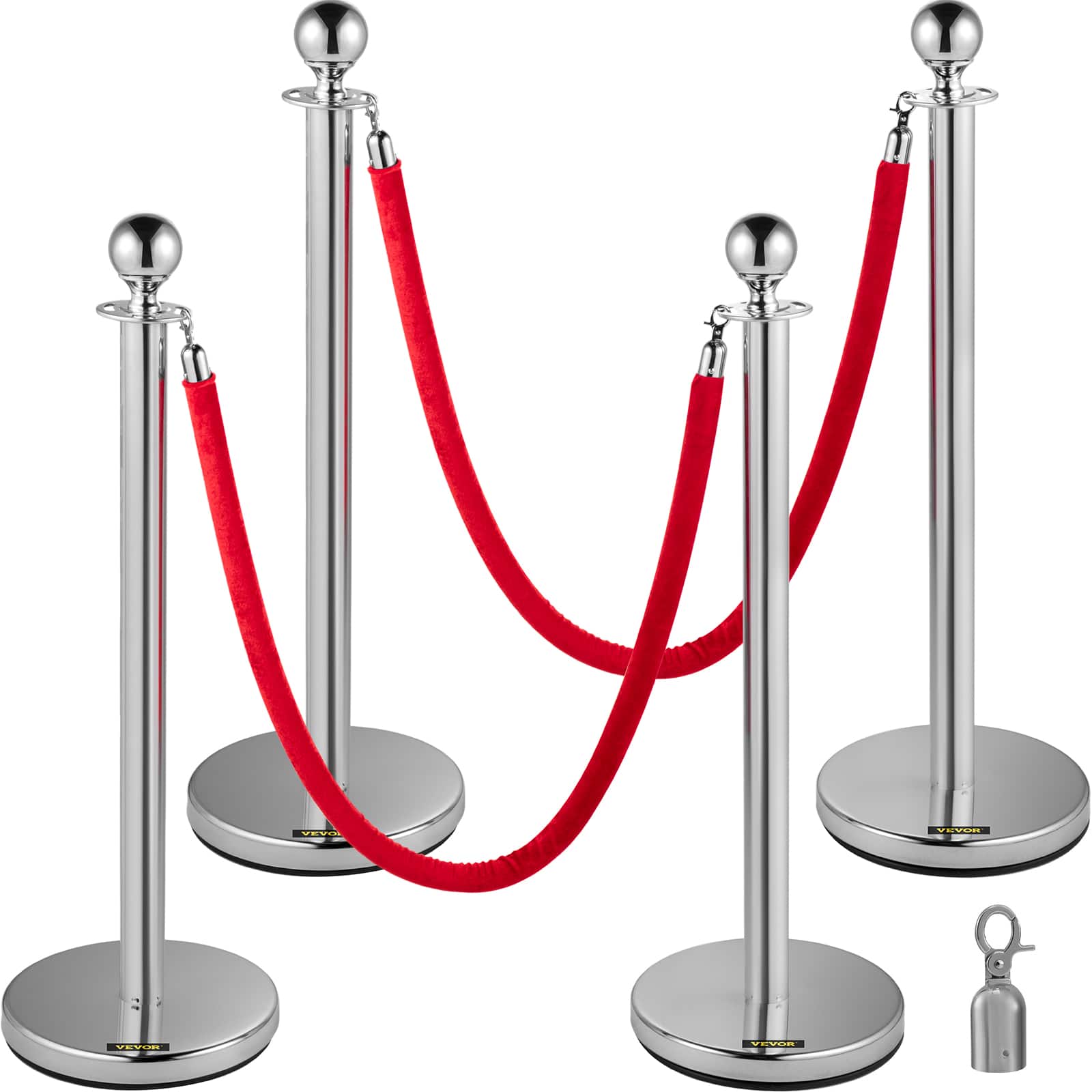 VEVOR - 4PCS Stainless Steel Stanchion Posts Queue, Red Velvet Ropes Post, 5FT Rope Barriers Queue Line Crowd Control - Silver