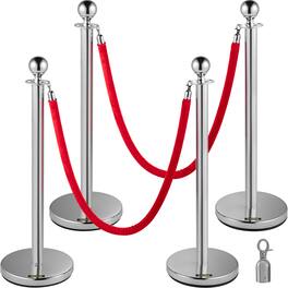 VEVOR - 4PCS Stainless Steel Stanchion Posts Queue, Red Velvet Ropes Post, 5FT Rope Barriers Queue Line Crowd Control - Silver