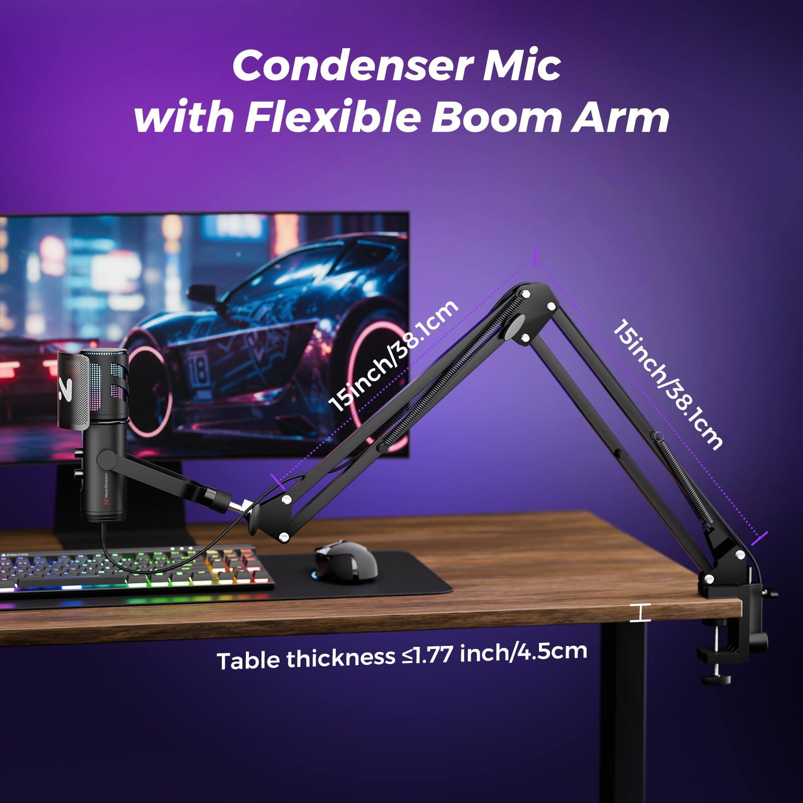 Condenser Mic with Flexible Boom Arm

15inch/38.1cm

Table thickness <1.77 inch/4.5cm