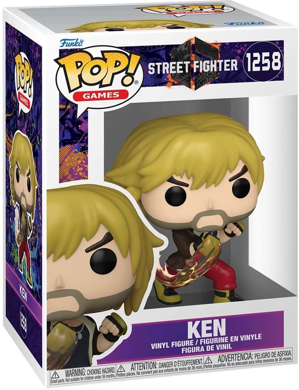 Funko POP! GAMES  
STREET FIGHTER 1258  
KEN  
VINYL FIGURE / FIGURINE EN VINYLE / FIGURA DE VINIL  
ADVERTENCIA: PELIGRO DE ASFIXIA. ¡menores de 36 meses.  
DANGER: CHOKING HAZARD. Small parts. Not suitable for children under 36 months.  
ATTENTION: aux enfants de moins de 36 mois.