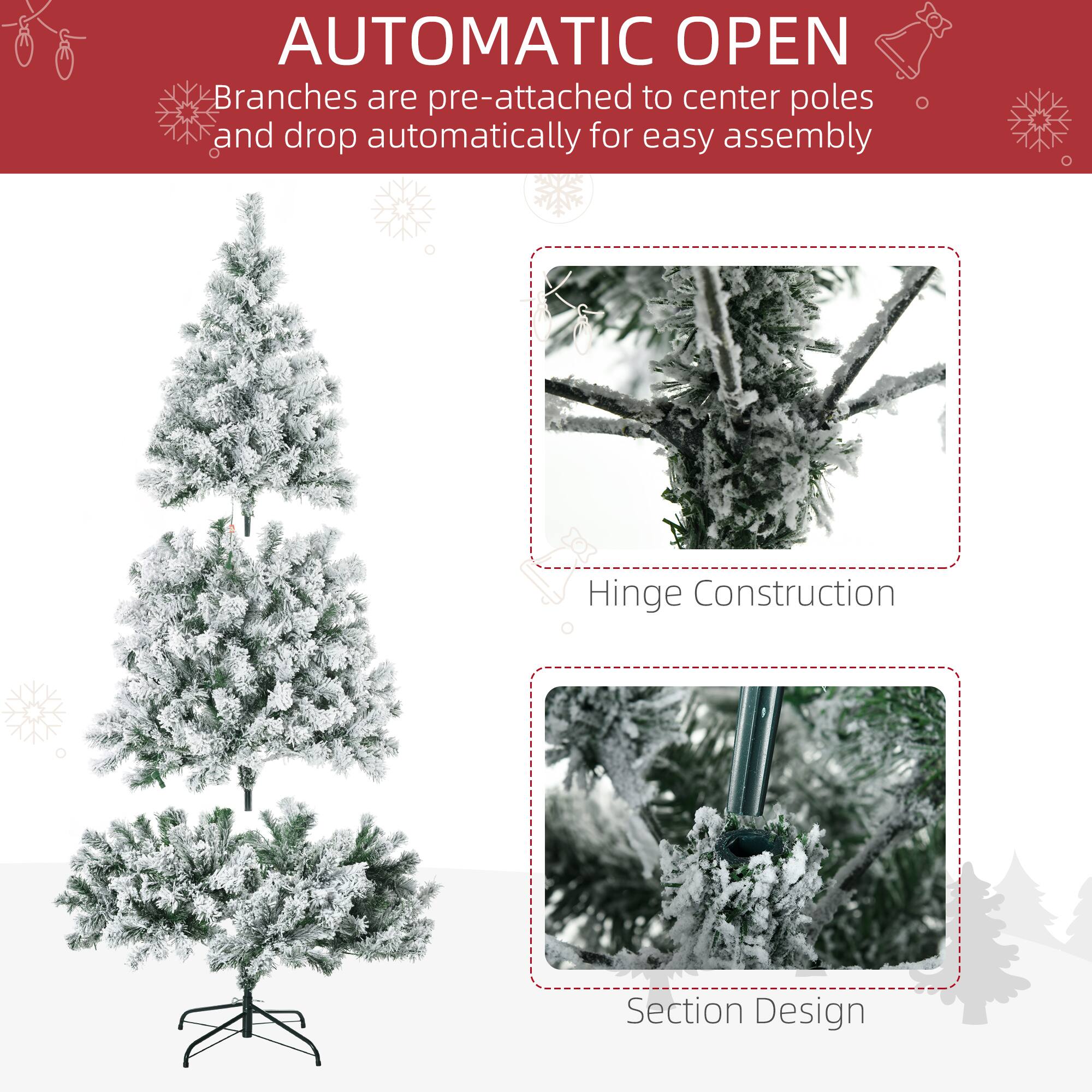 **AUTOMATIC OPEN**

- Branches are pre-attached to center poles and drop automatically for easy assembly

**Hinge Construction**

**Section Design**