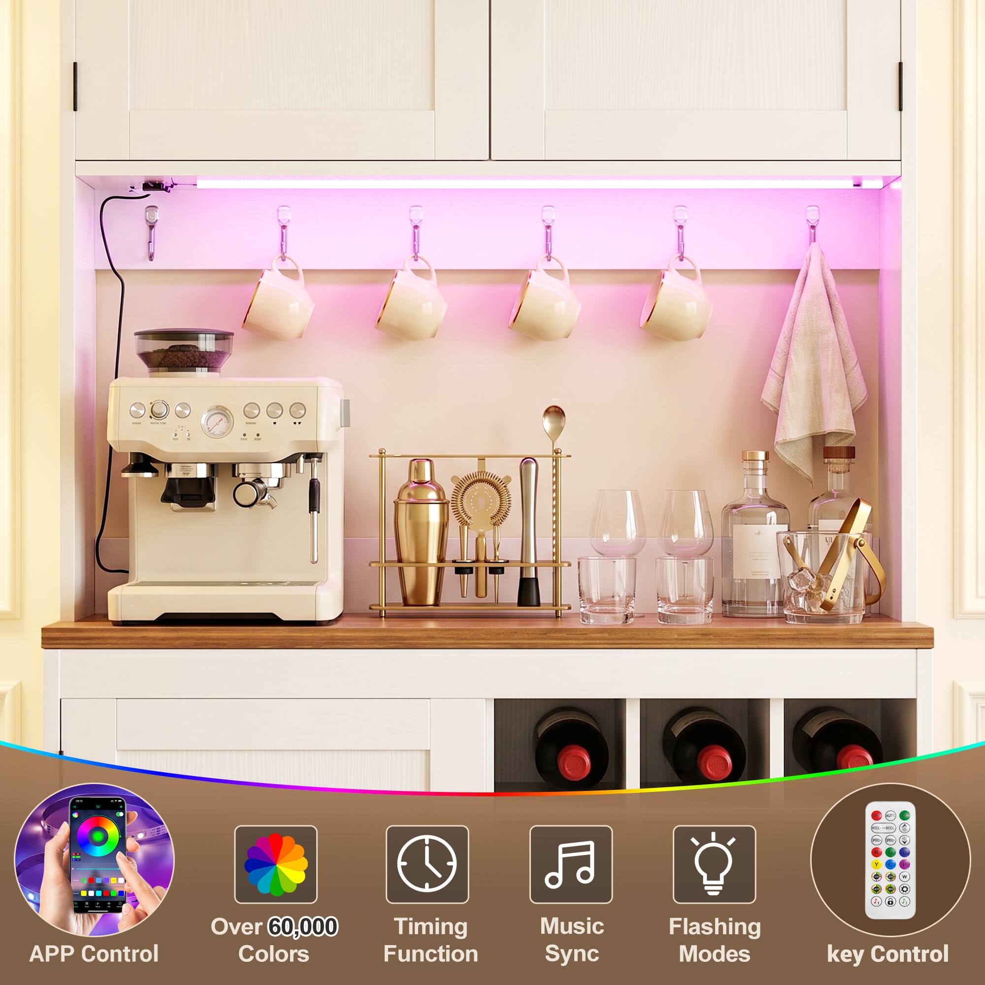 APP Control  
Over 60,000 Colors  
Timing Function  
Music Sync  
Flashing Modes  
1 key Control
