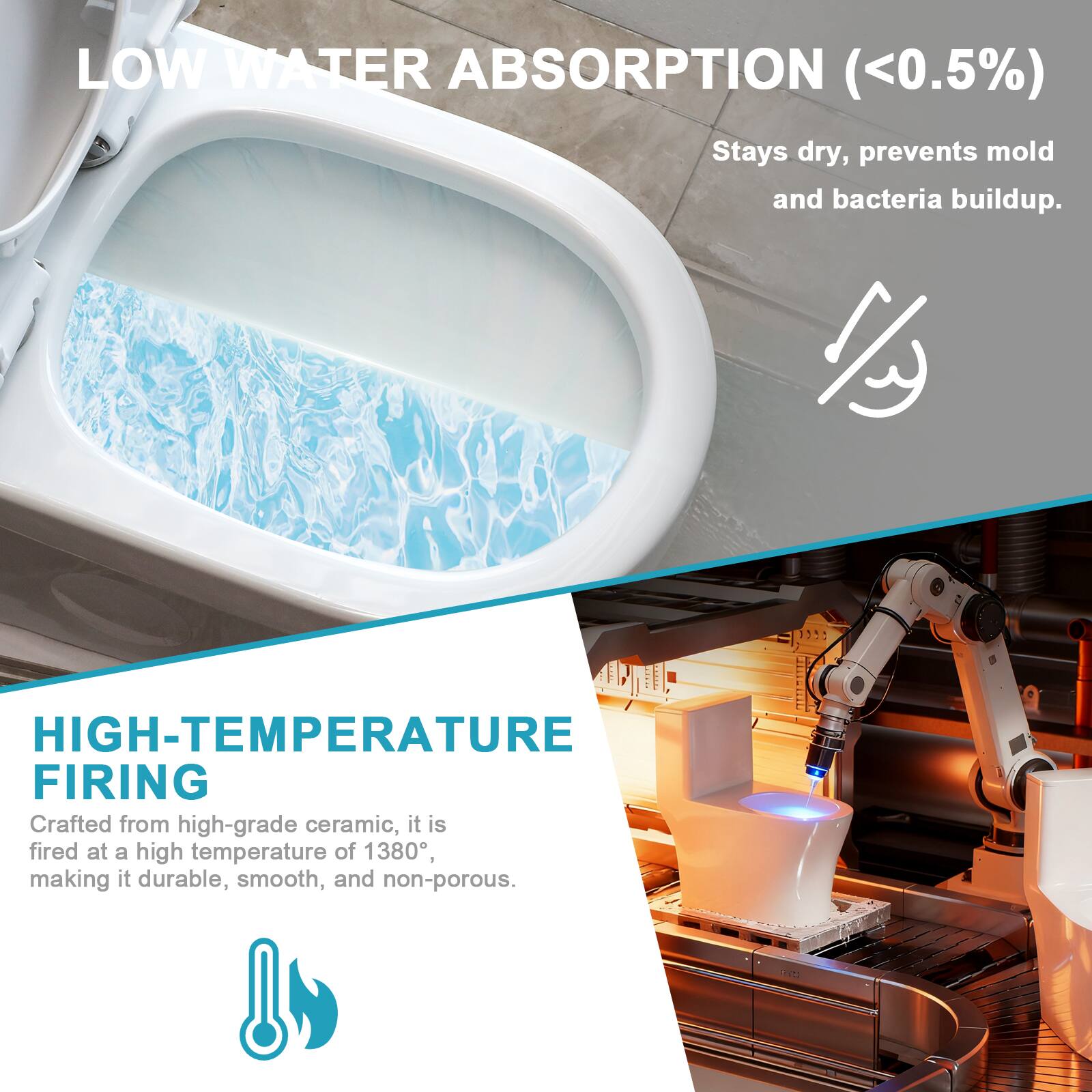 LOW WATER ABSORPTION (<0.5%)  
Stays dry, prevents mold and bacteria buildup.

HIGH-TEMPERATURE FIRING  
Crafted from high-grade ceramic, it is fired at a high temperature of 1380°, making it durable, smooth, and non-porous.