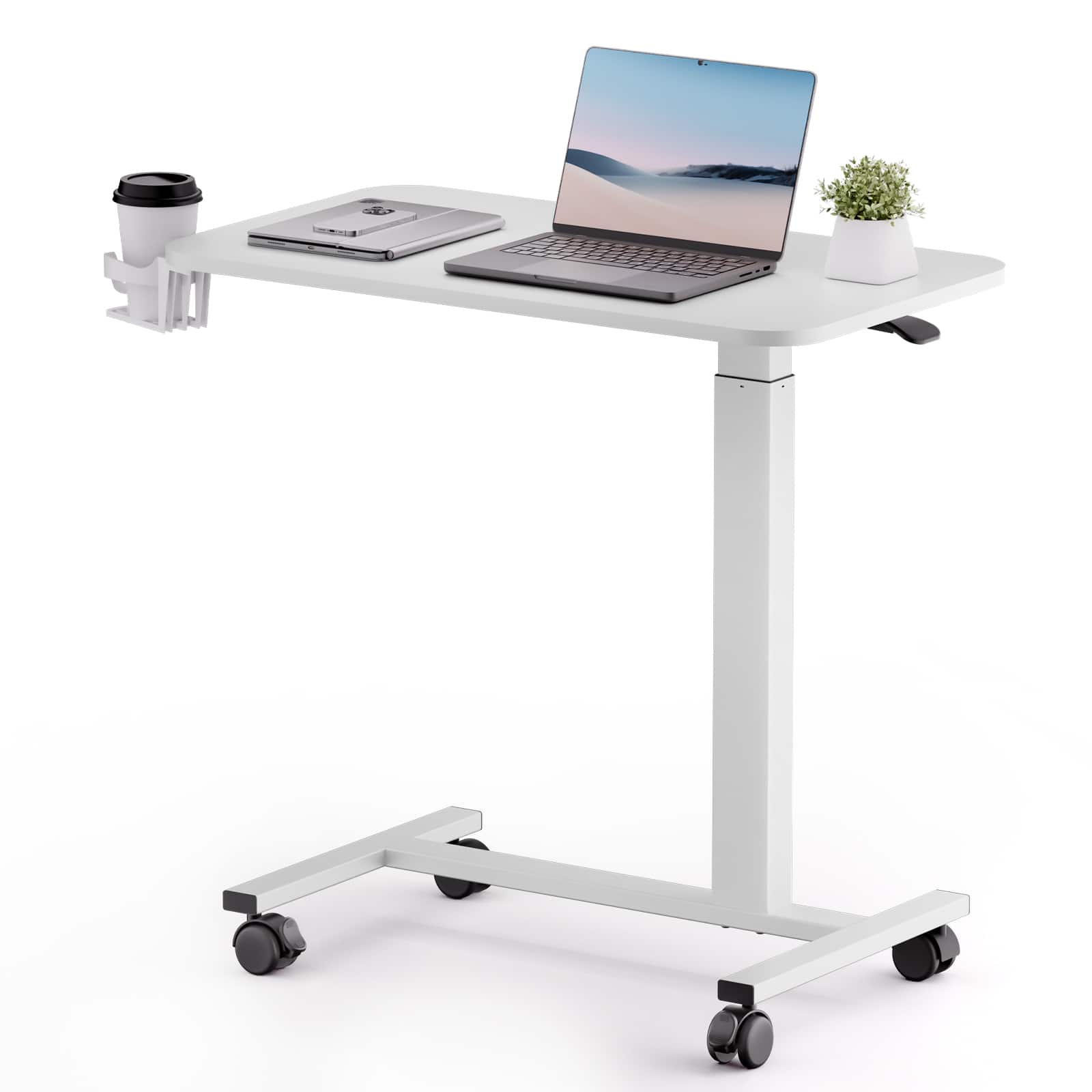 GTPlayer - Pneumatic Mobile Standing Laptop Desk with Lockable Wheels 28 IN W x 16 IN D Adjustable Overbed Bedside Table - White