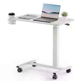 GTPlayer - Pneumatic Mobile Standing Laptop Desk with Lockable Wheels 28 IN W x 16 IN D Adjustable Overbed Bedside Table - White