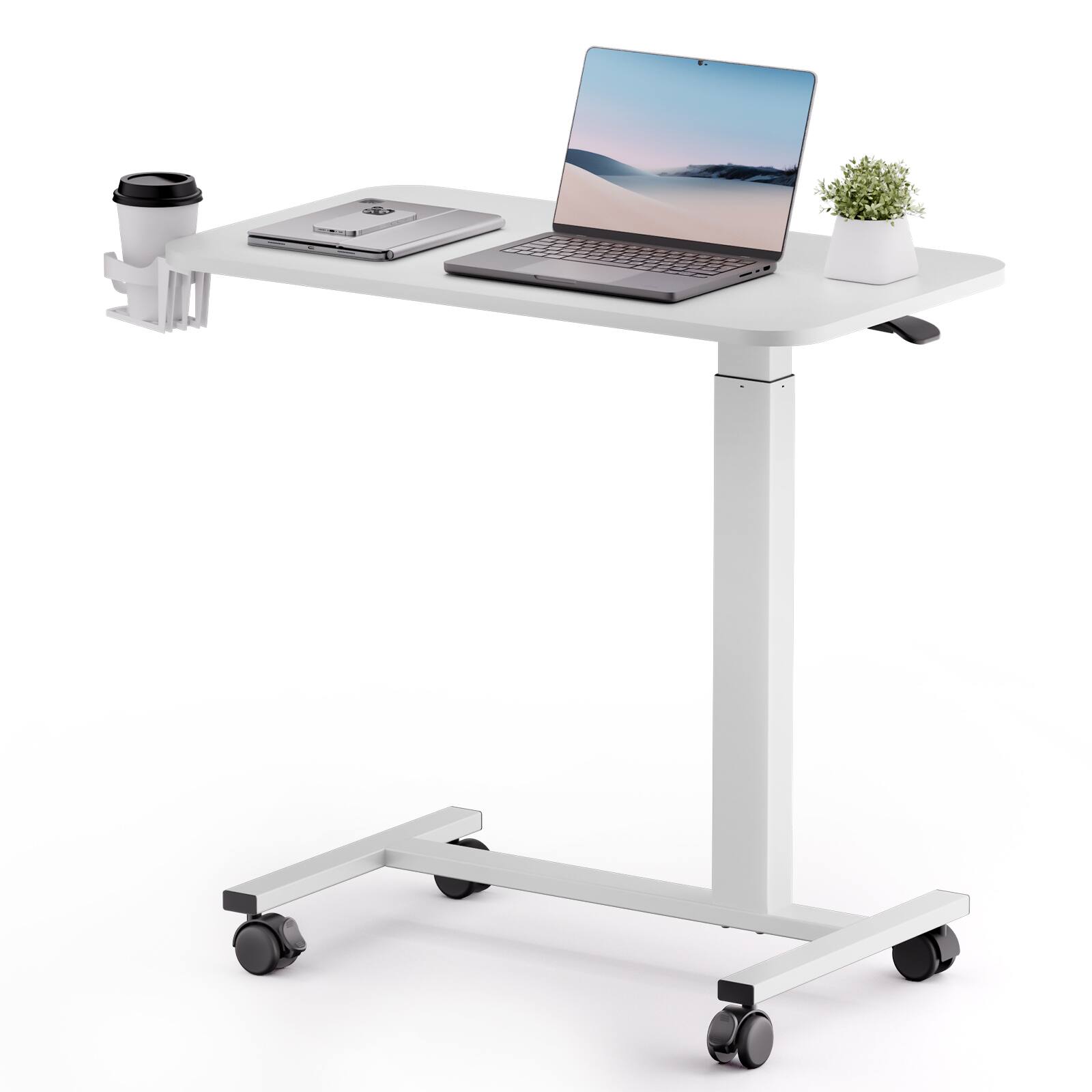 Front. GTPlayer - Pneumatic Mobile Standing Laptop Desk with Lockable Wheels 28 IN W x 16 IN D Adjustable Overbed Bedside Table - White.